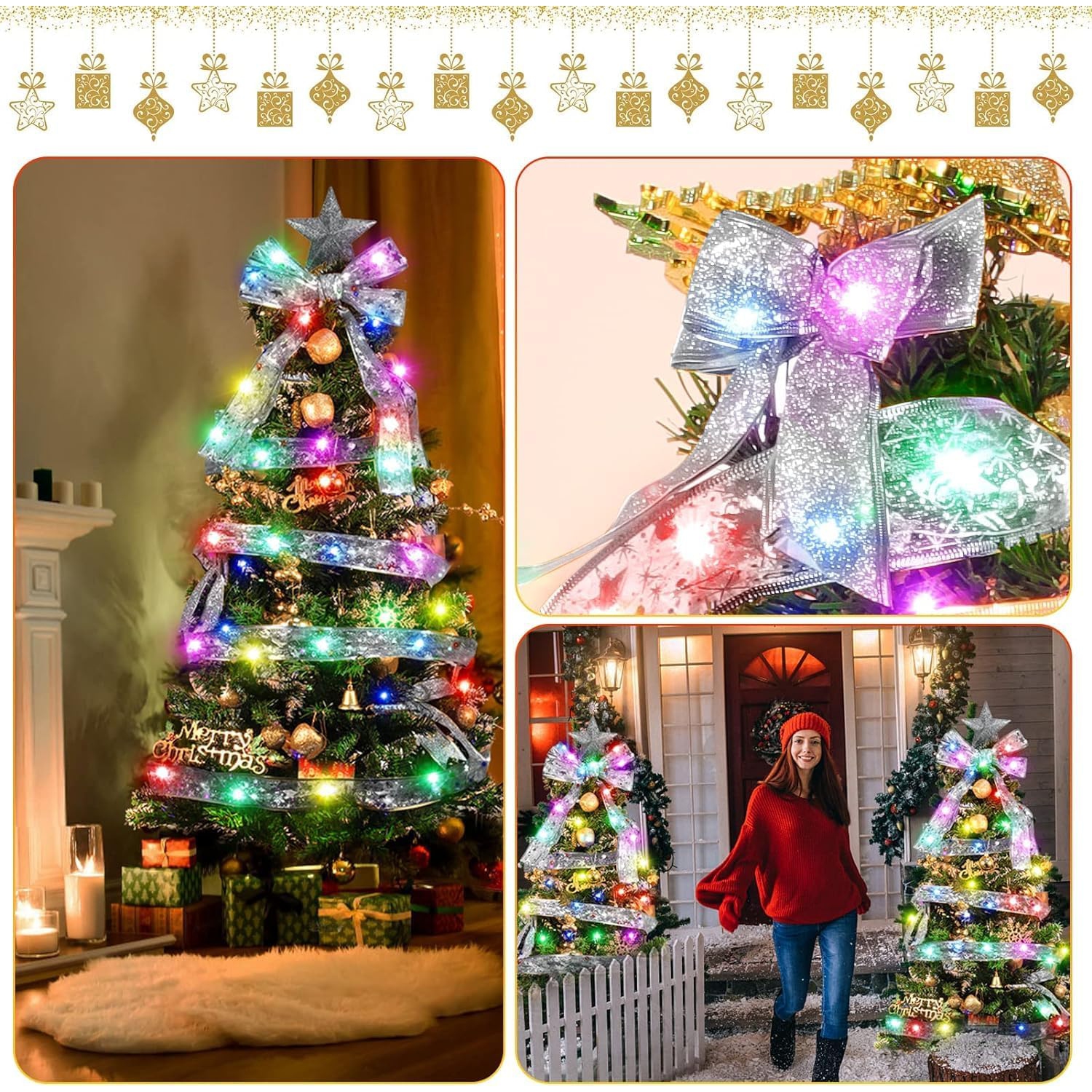 Christmas Decorations, 32ft Silver Ribbon Colorful Christmas Lights with 100 Led Fairy Lights Battery Powered Wire Ribbon Bows Lights for Christmas