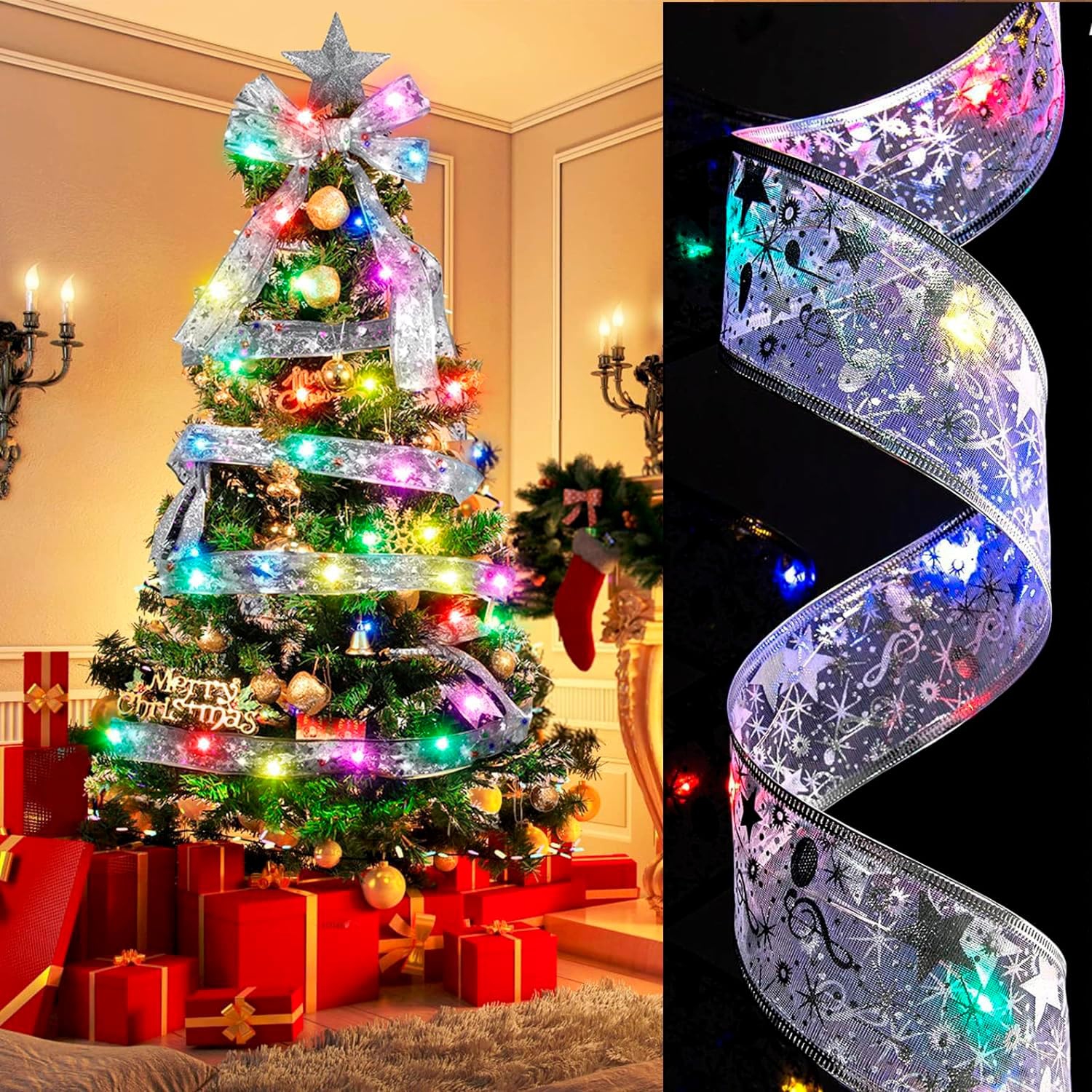 Christmas Decorations, 32ft Silver Ribbon Colorful Christmas Lights with 100 Led Fairy Lights Battery Powered Wire Ribbon Bows Lights for Christmas