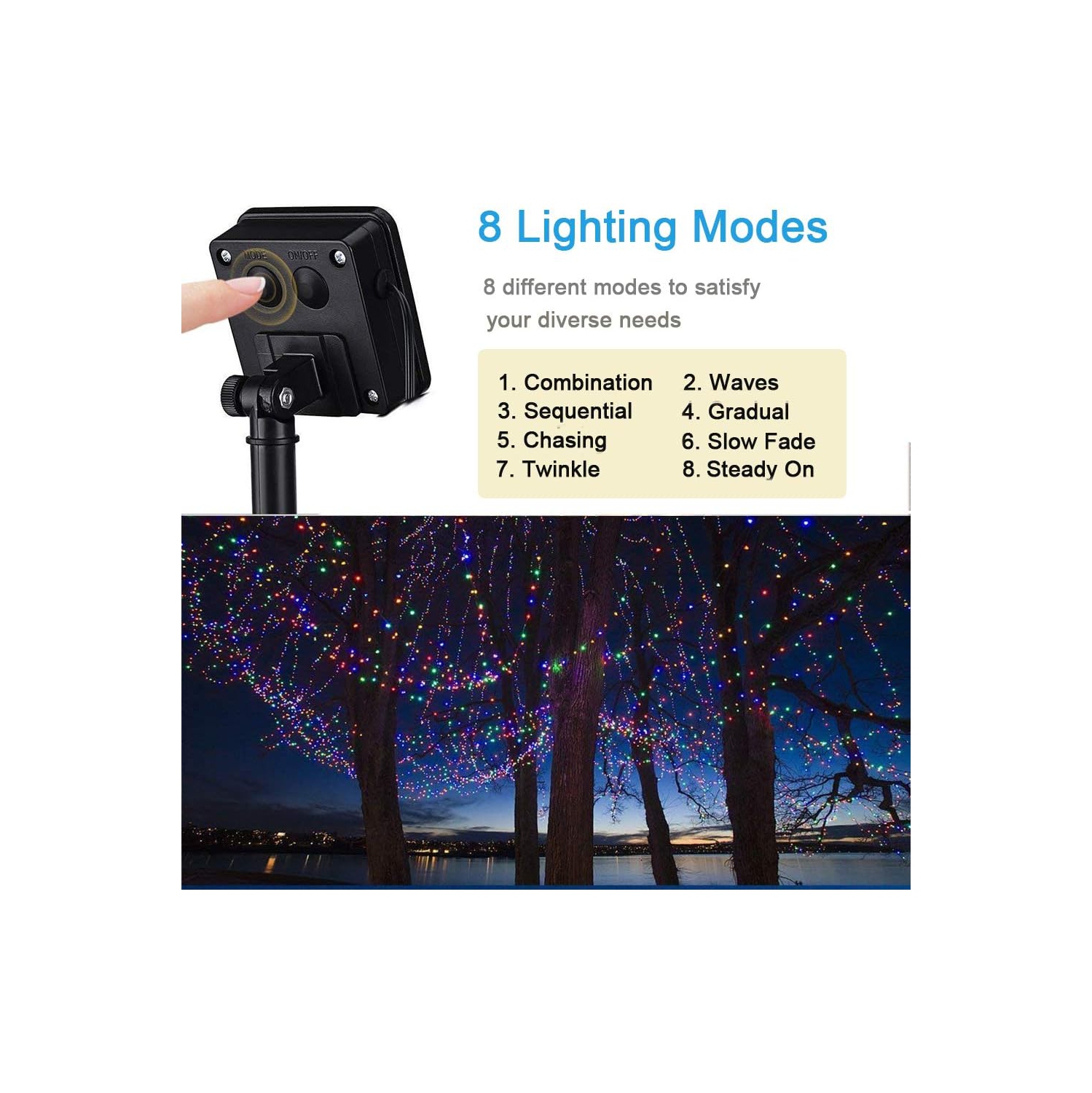 Guirlande de lumières solaires, 55 pi, 150 lumières de Noël LED, 2 8 modes, étanches, fées extérieures