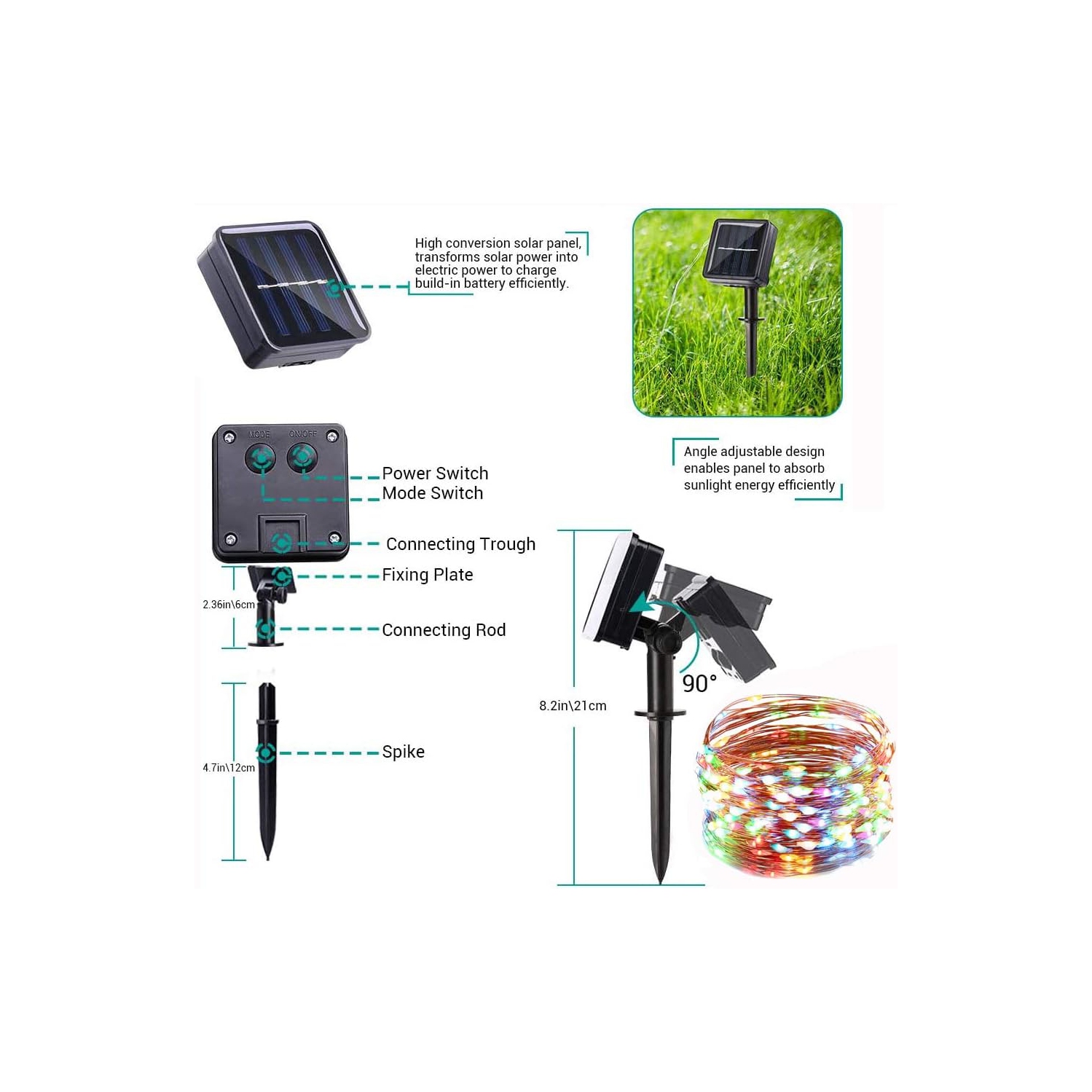 Guirlande de lumières solaires, 55 pi, 150 lumières de Noël LED, 2 8 modes, étanches, fées extérieures