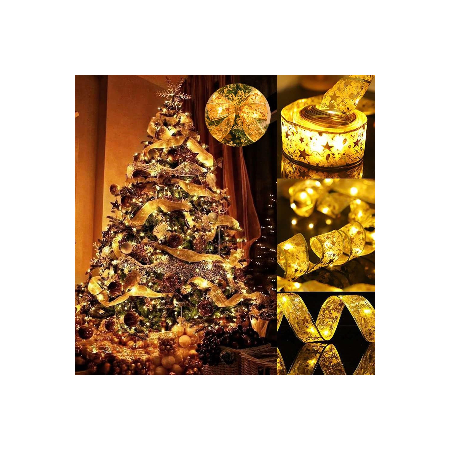 Christmas Tree Decorations Gold Ribbon Lights 32ft 100 Led Fairy Lights Battery-Powered Copper Wire Ribbon Bows Lights for Halloween Xmas Tree New