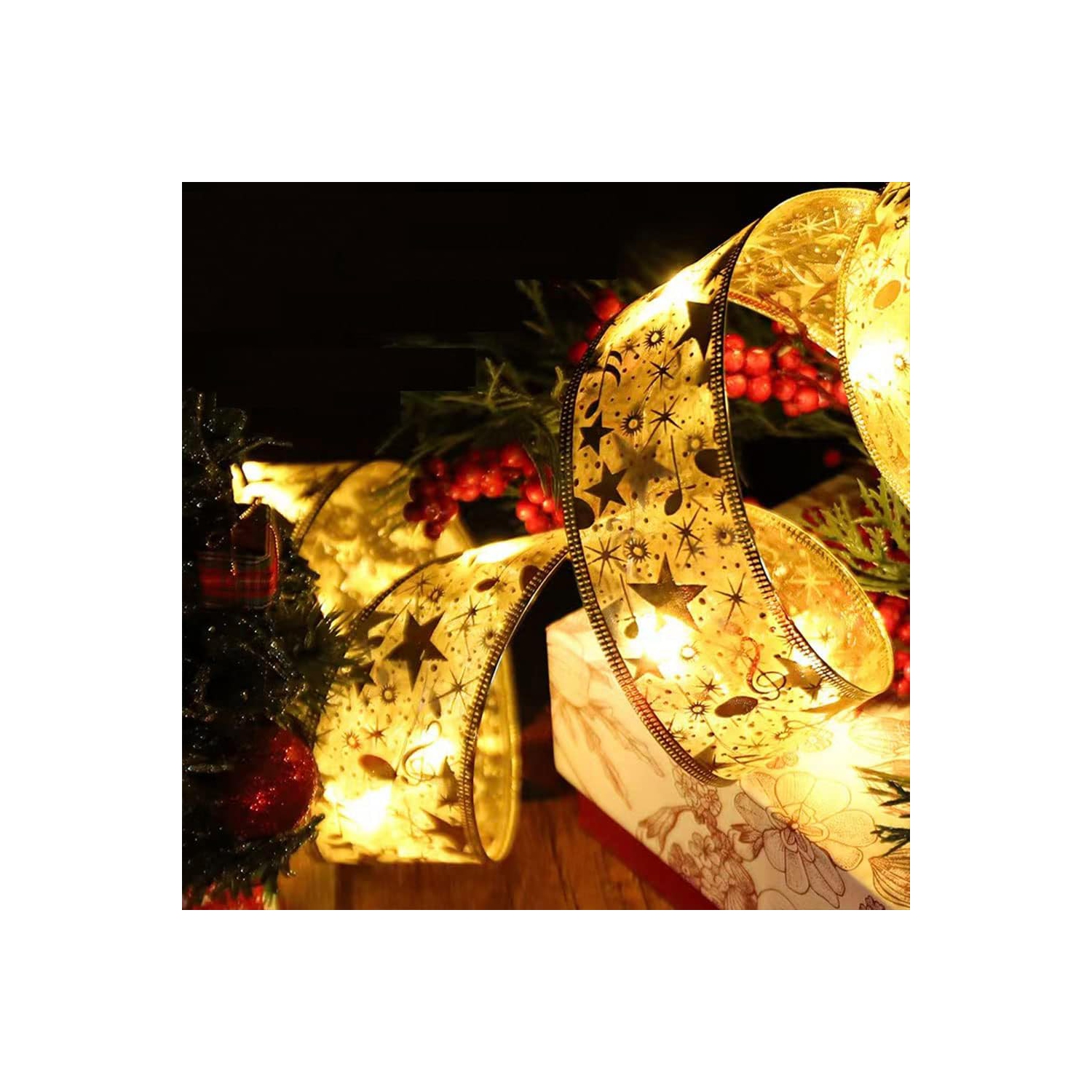 Christmas Tree Decorations Gold Ribbon Lights 32ft 100 Led Fairy Lights Battery-Powered Copper Wire Ribbon Bows Lights for Halloween Xmas Tree New