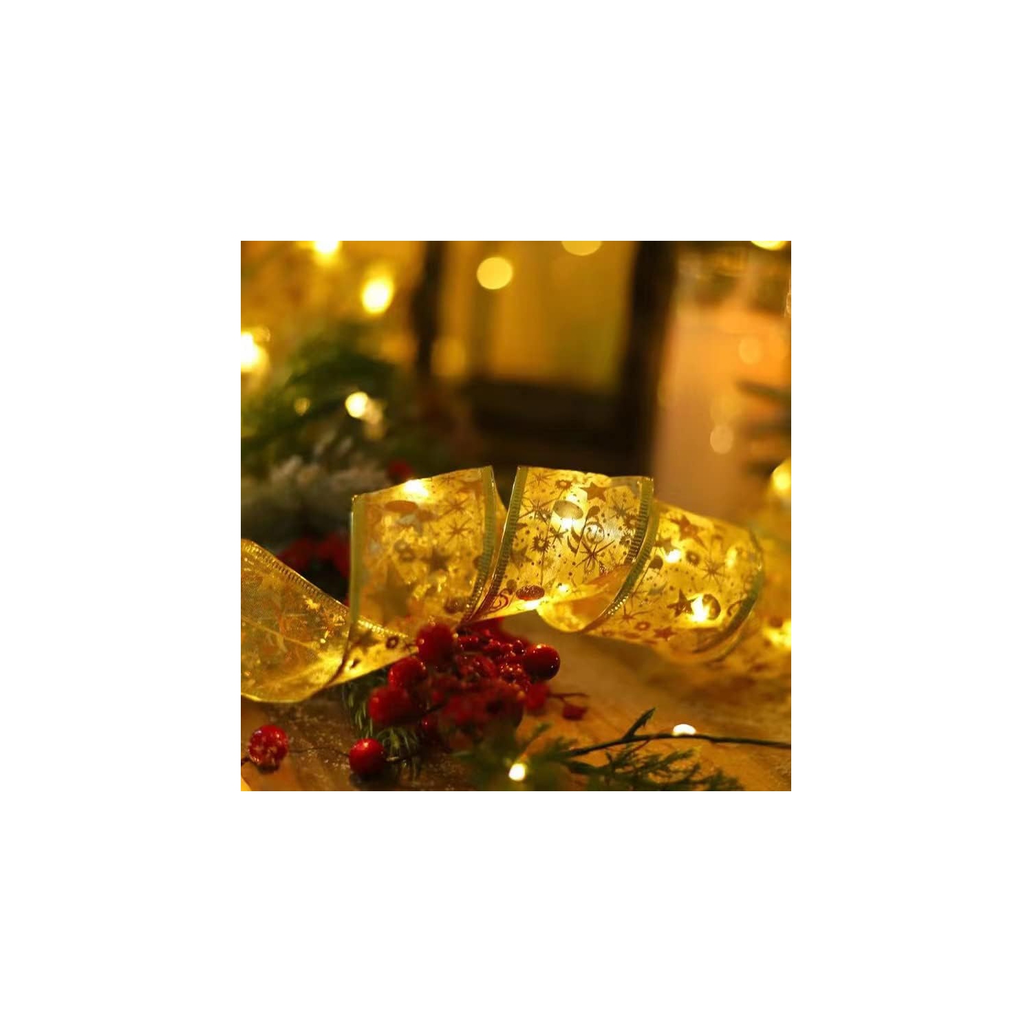 Christmas Tree Decorations Gold Ribbon Lights 32ft 100 Led Fairy Lights Battery-Powered Copper Wire Ribbon Bows Lights for Halloween Xmas Tree New