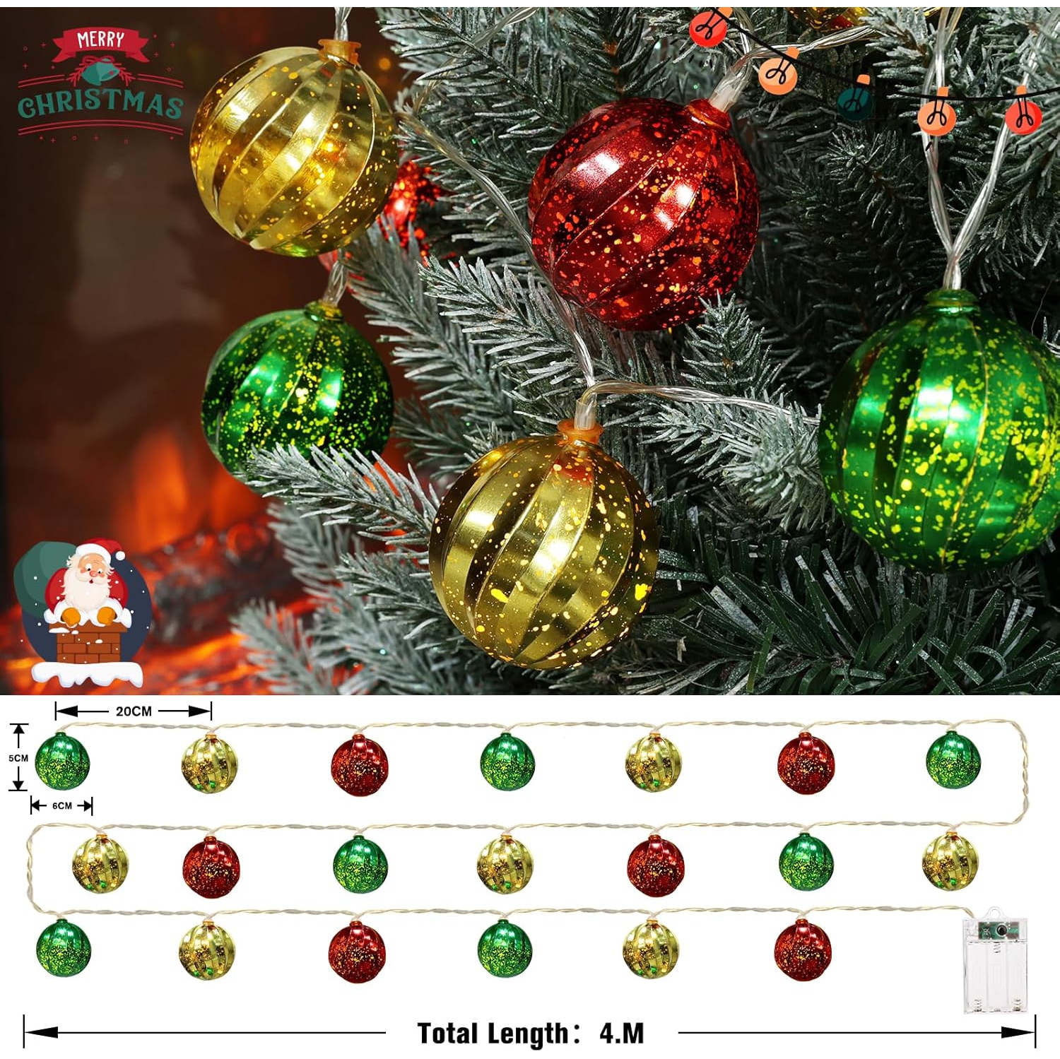 Lumières de Noël décoratives, 13.5&nbsp;pi 20 DEL avec minuterie et 8 modes, boules de Noël