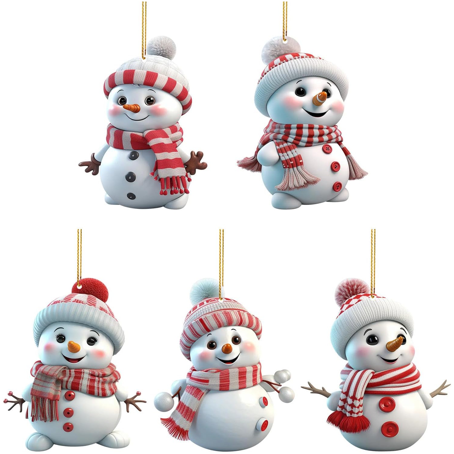 Acrylic Christmas Tree Hanging Ornament: 5pcs Personalized Funny Cute Snowman Small Hanging Decorations with String