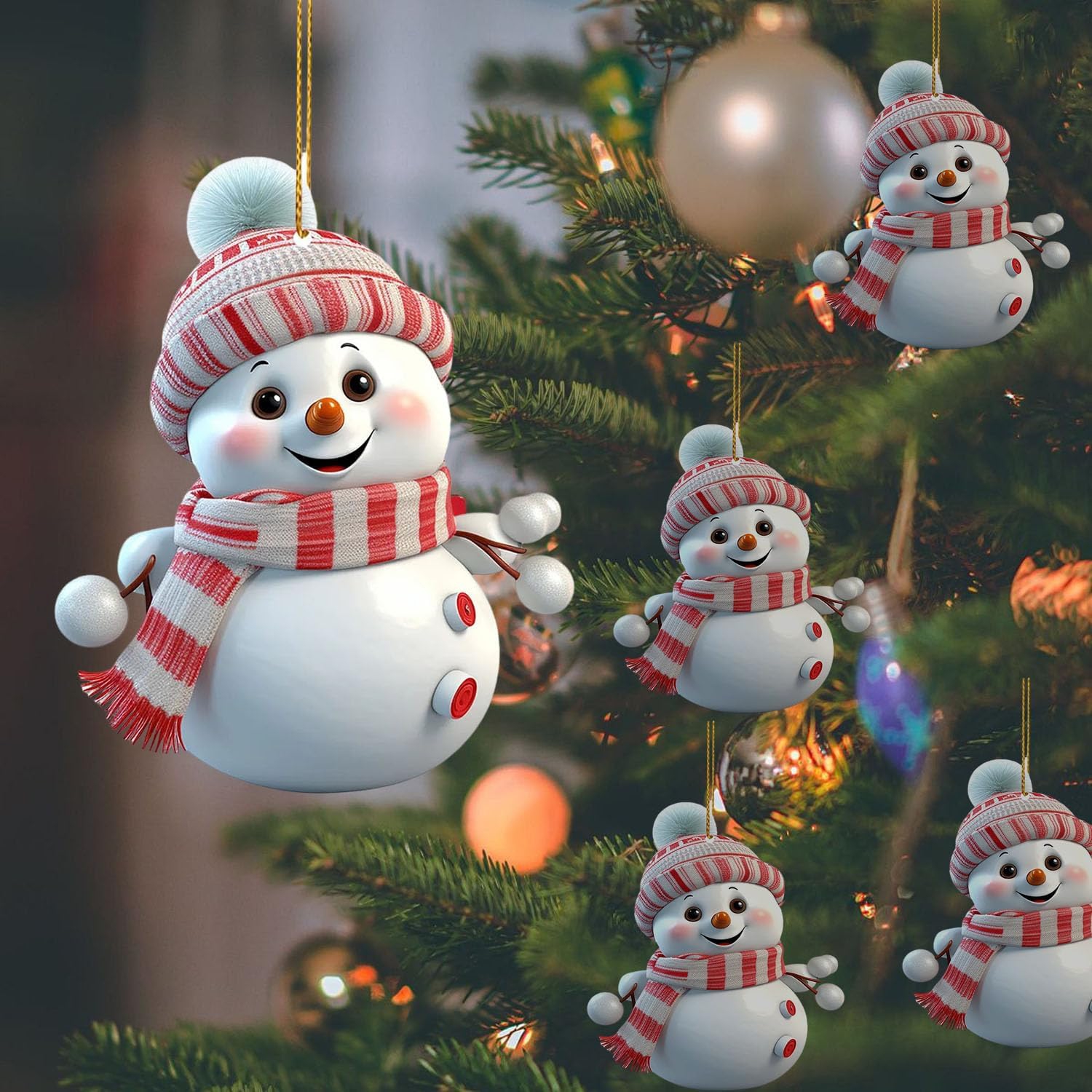Acrylic Christmas Tree Hanging Ornament: 5pcs Personalized Funny Cute Snowman Small Hanging Decorations with String