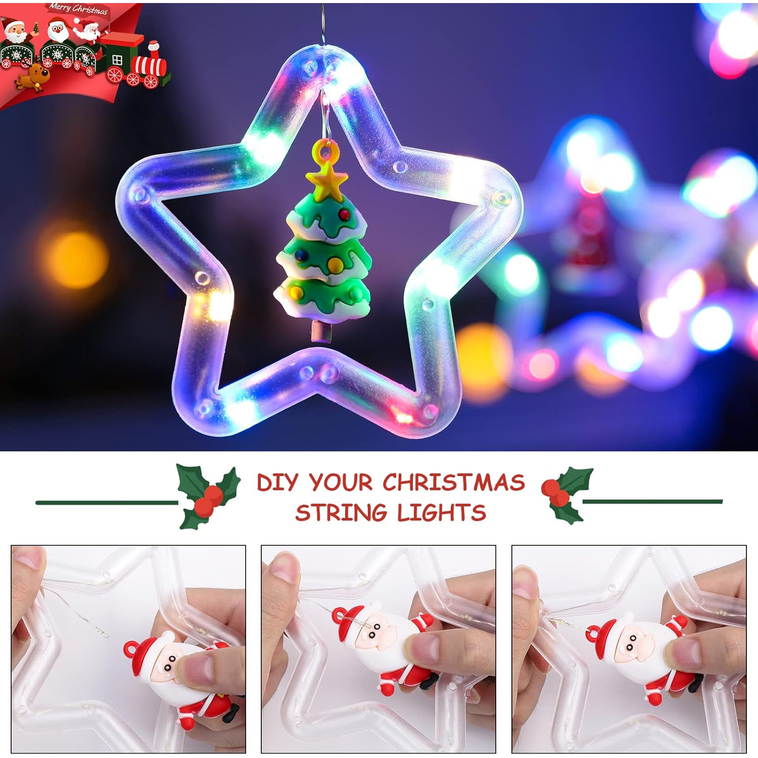 Rideau de Noël Lumière intérieure suspendue pour fenêtre 10 étoiles avec décorations de Noël - Télécommande USB 9.8&nbsp;pi Décorations de Noël pour