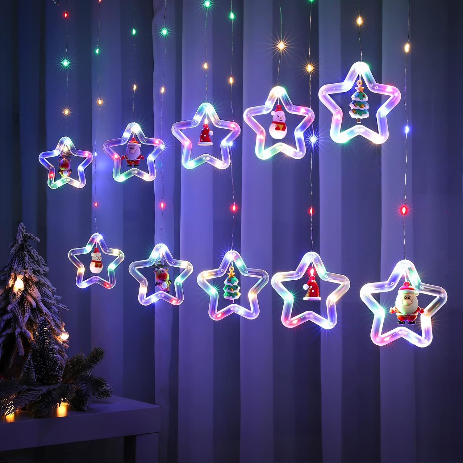 Rideau de Noël Lumière intérieure suspendue pour fenêtre 10 étoiles avec décorations de Noël - Télécommande USB 9.8&nbsp;pi Décorations de Noël pour