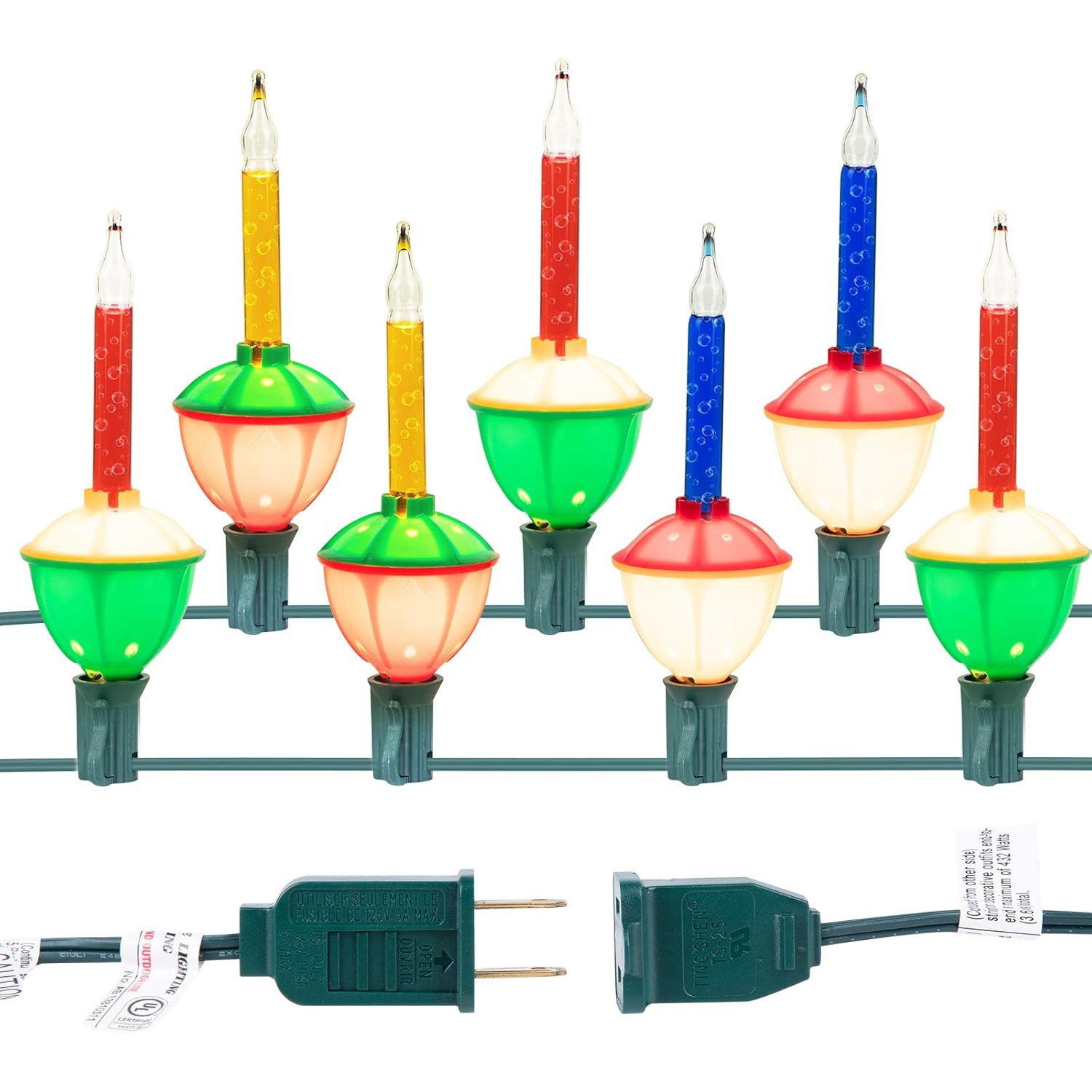 Lumières à bulles de Noël multicolores avec 7 ampoules transparentes , homologuées UL pour éclairage de célébrations de Noël des Fêtes, fil vert
