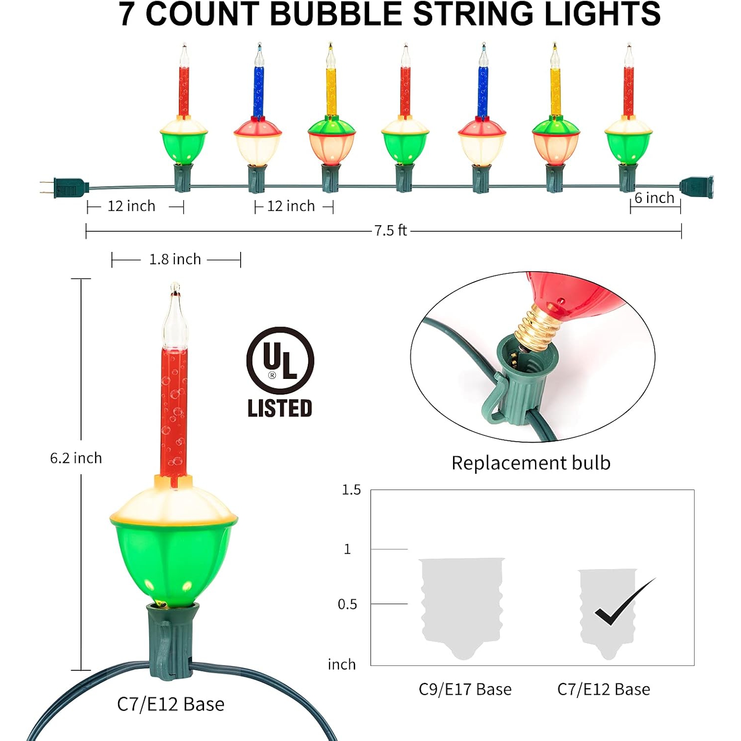 Lumières à bulles de Noël multicolores avec 7 ampoules transparentes , homologuées UL pour éclairage de célébrations de Noël des Fêtes, fil vert