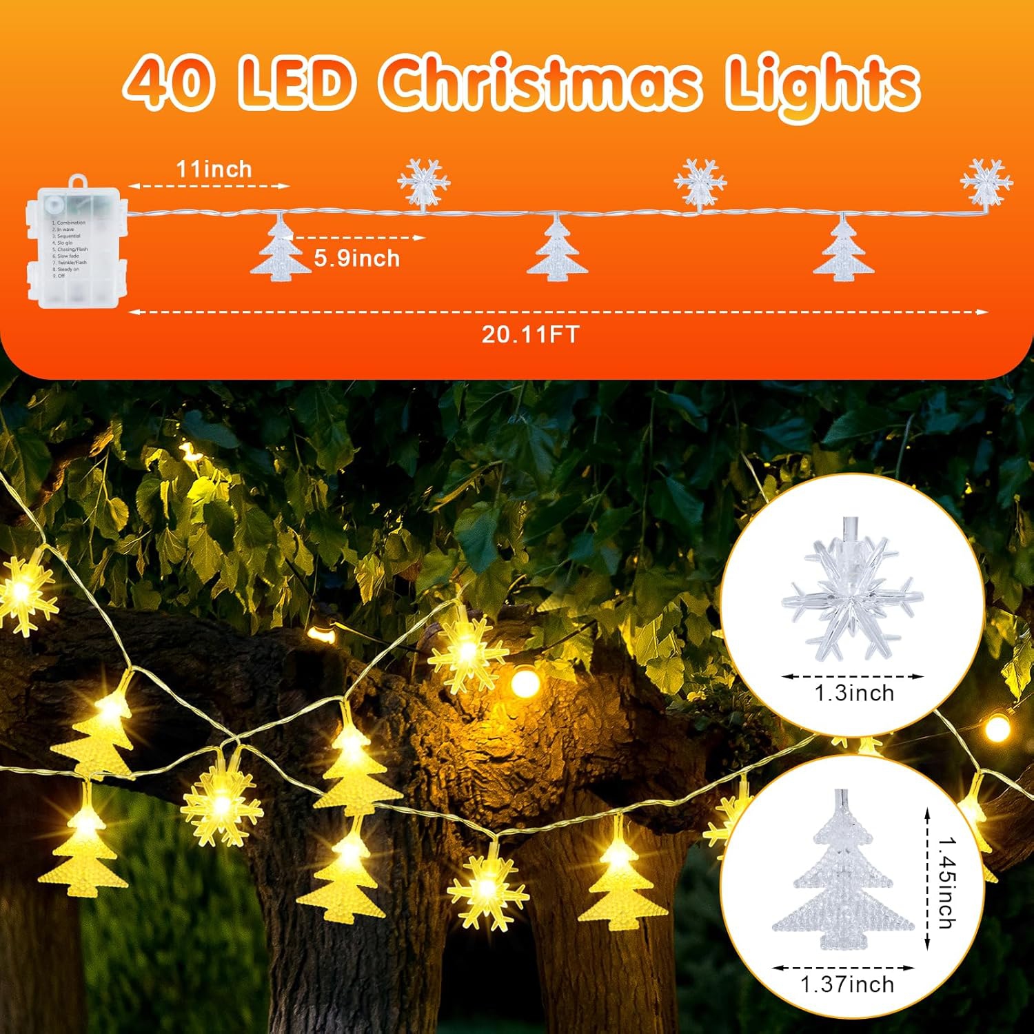 20 FT Christmas Lights,40 LEDs Snowflake Christmas Tree Lights with 8 Modes, LED Battery Operated Christmas Fairy Lights