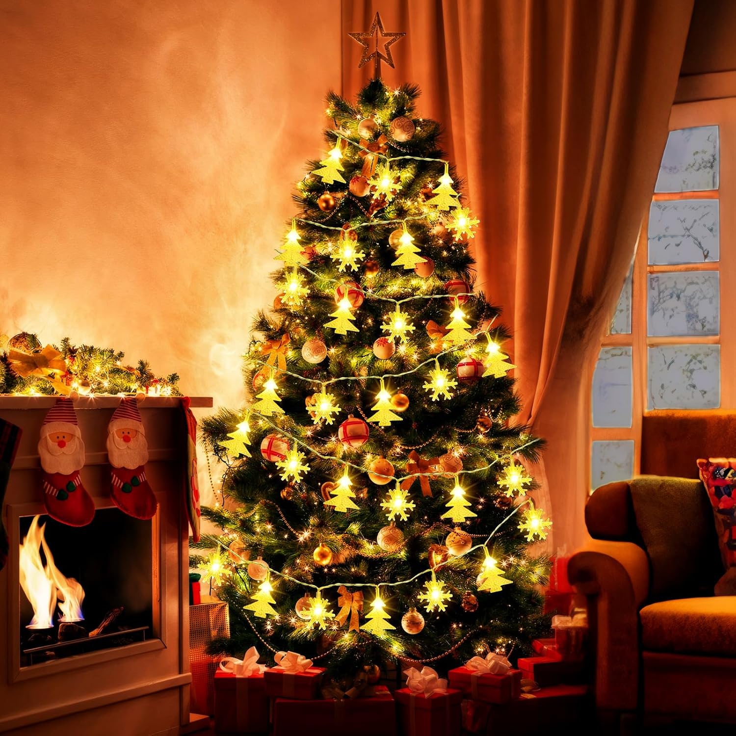 20 FT Christmas Lights,40 LEDs Snowflake Christmas Tree Lights with 8 Modes, LED Battery Operated Christmas Fairy Lights