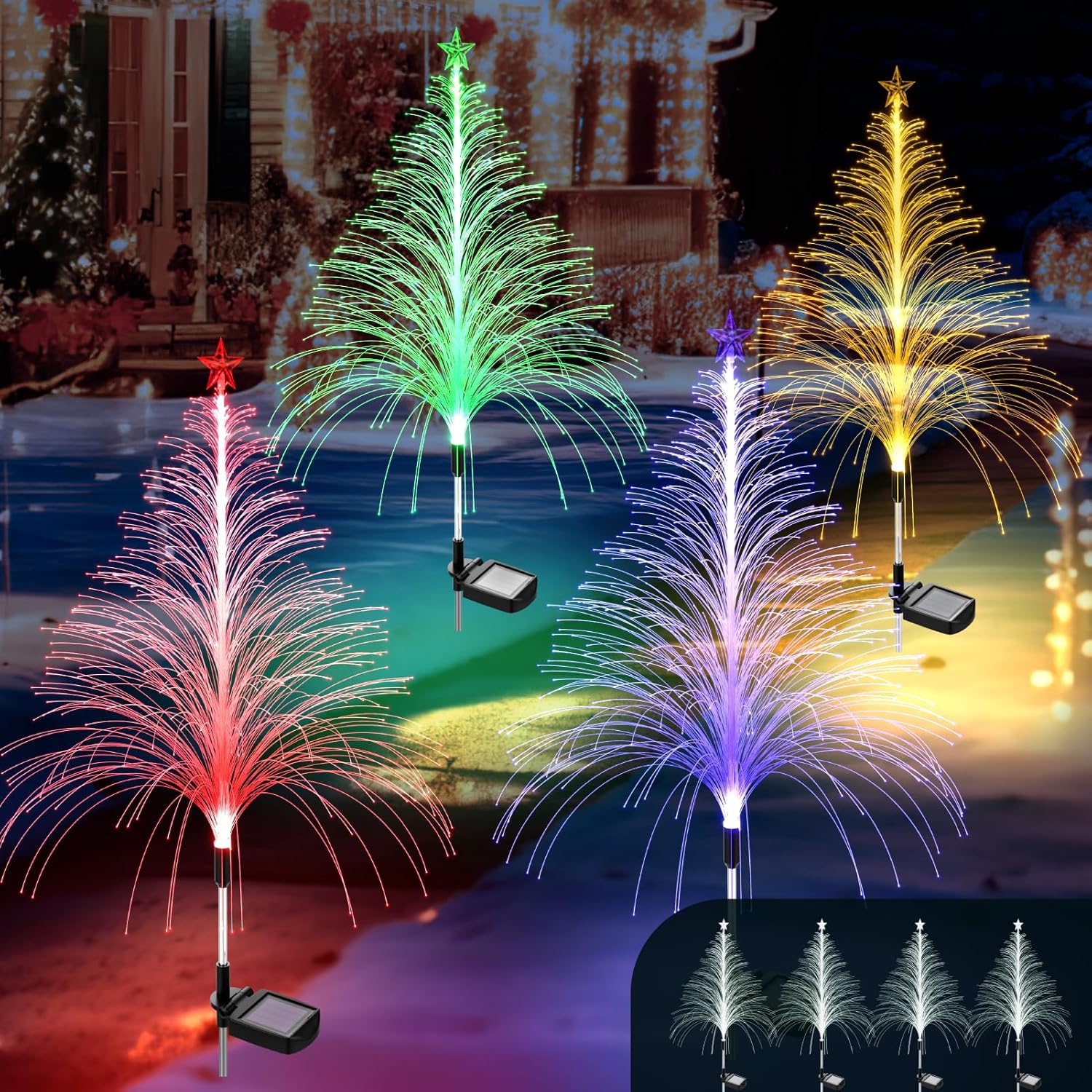 4 Packs Christmas Tree Solar Garden Light with Multi-Colored Change, Auto ON/Off Garden Solar Light, Solar Light for Garden, Porch, Christmas and
