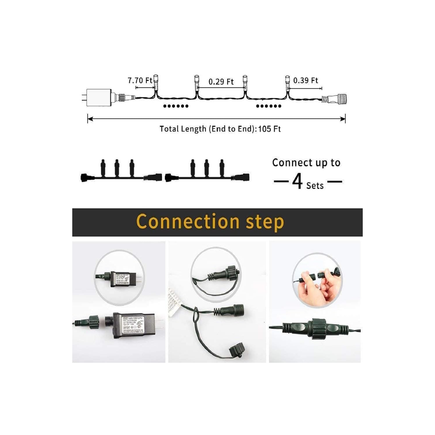 Guirlande de lumières LED de 105 pi avec fiche bout à bout, lumières d'intérieur d'arbre de Noël, 300 lumières