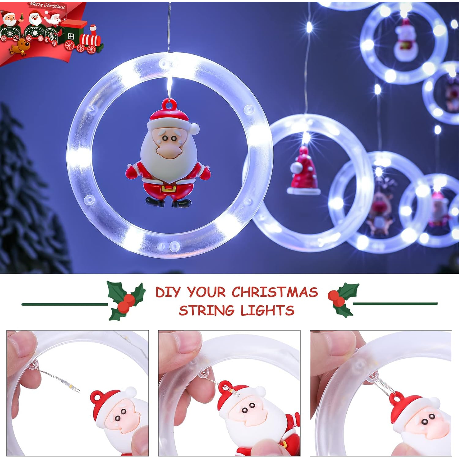 Window Lights Christmas Decor Ring Lights with Ornament LED Curtain Lights Indoor Outdoor USB 9.8ft Cold White Christmas String Lights Hanging