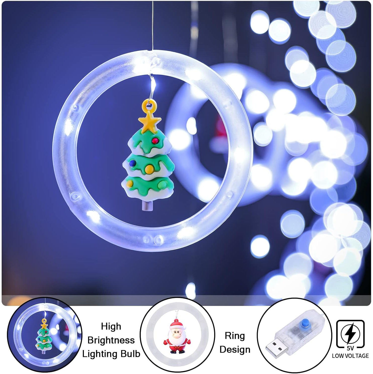 Window Lights Christmas Decor Ring Lights with Ornament LED Curtain Lights Indoor Outdoor USB 9.8ft Cold White Christmas String Lights Hanging