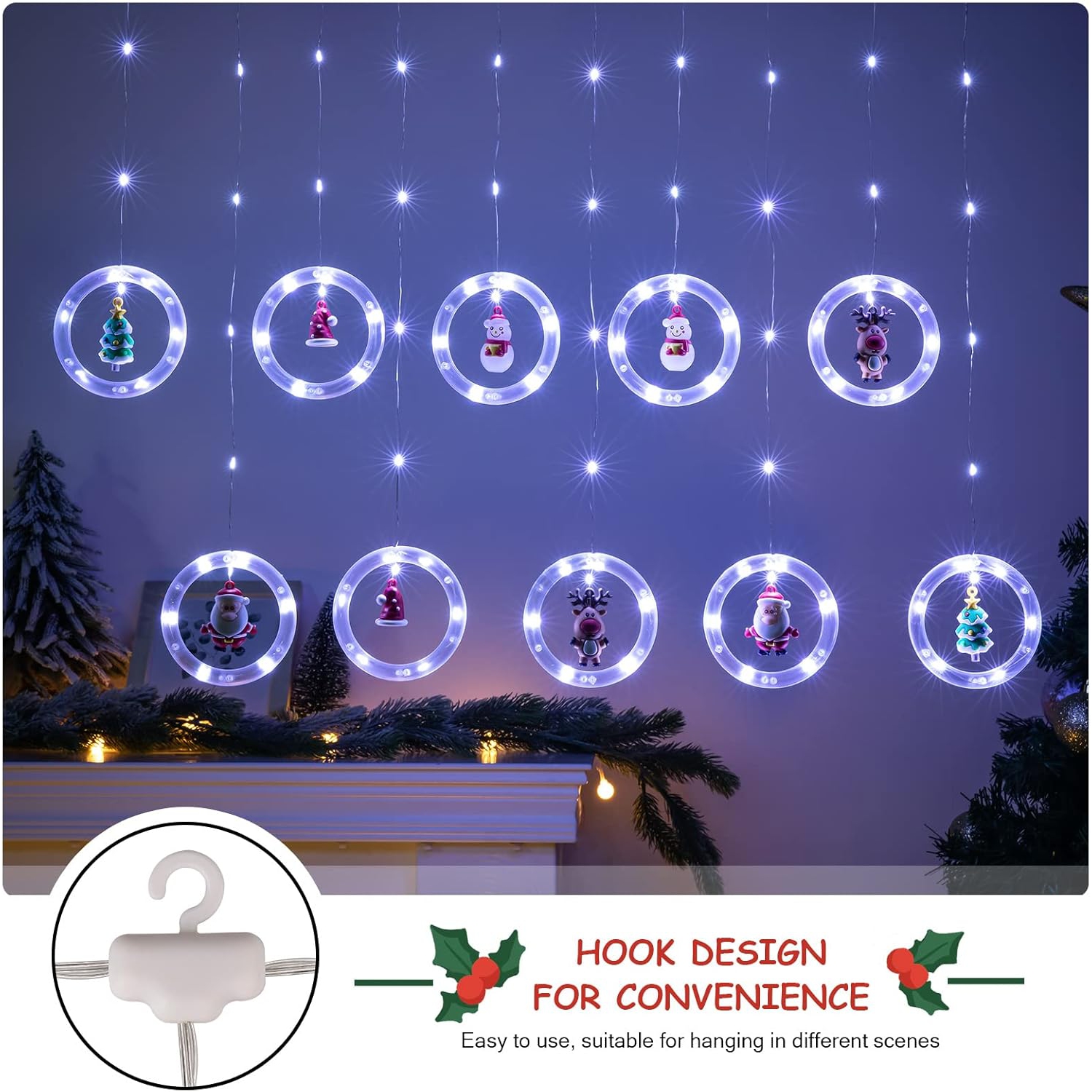 Window Lights Christmas Decor Ring Lights with Ornament LED Curtain Lights Indoor Outdoor USB 9.8ft Cold White Christmas String Lights Hanging