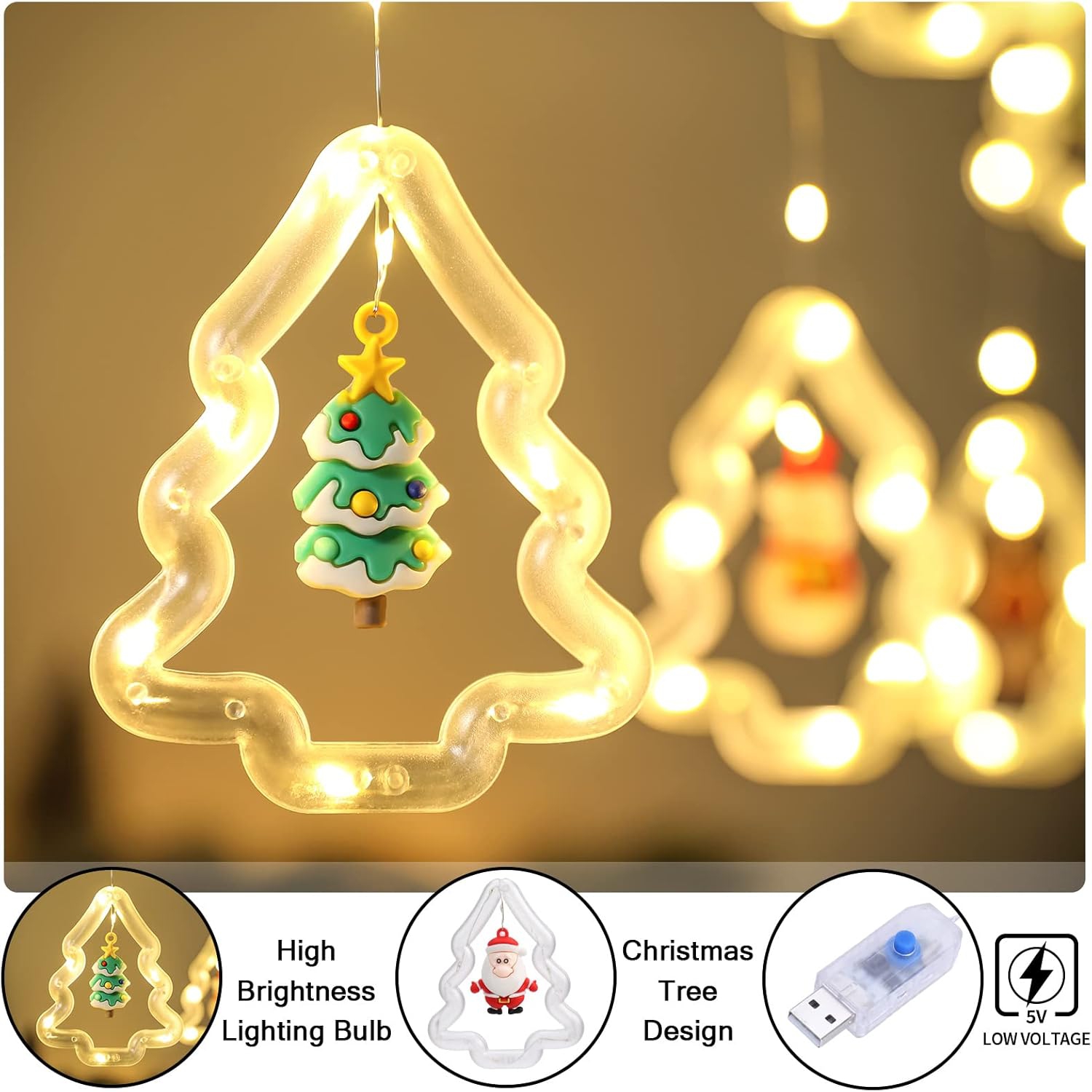 Lumières de Noël illuminées pour fenêtre – Anneau lumineux en forme d'arbre avec rideau décoratif intérieur – Jeu de lumières de fantaisie USB