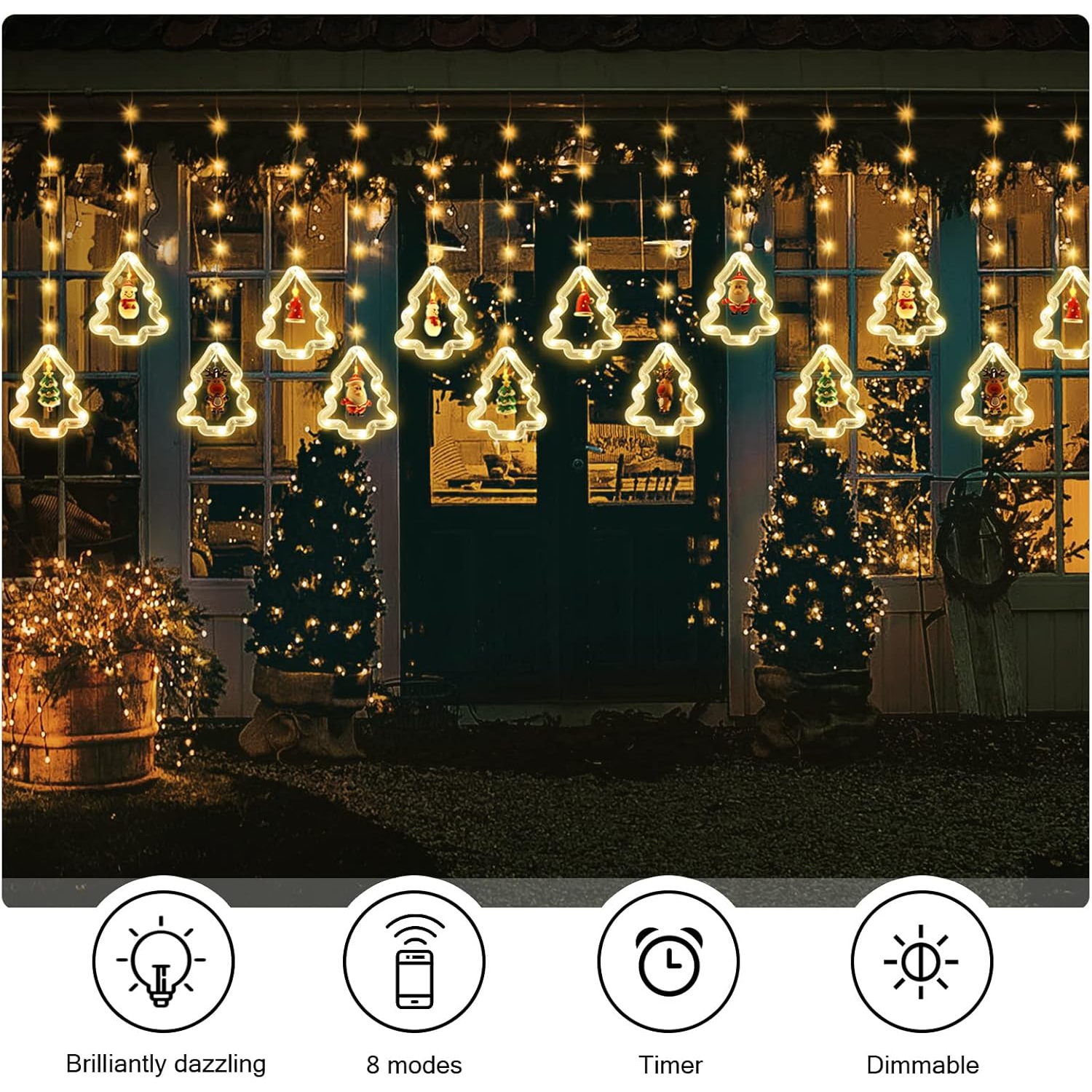 Lumières de Noël illuminées pour fenêtre – Anneau lumineux en forme d'arbre avec rideau décoratif intérieur – Jeu de lumières de fantaisie USB