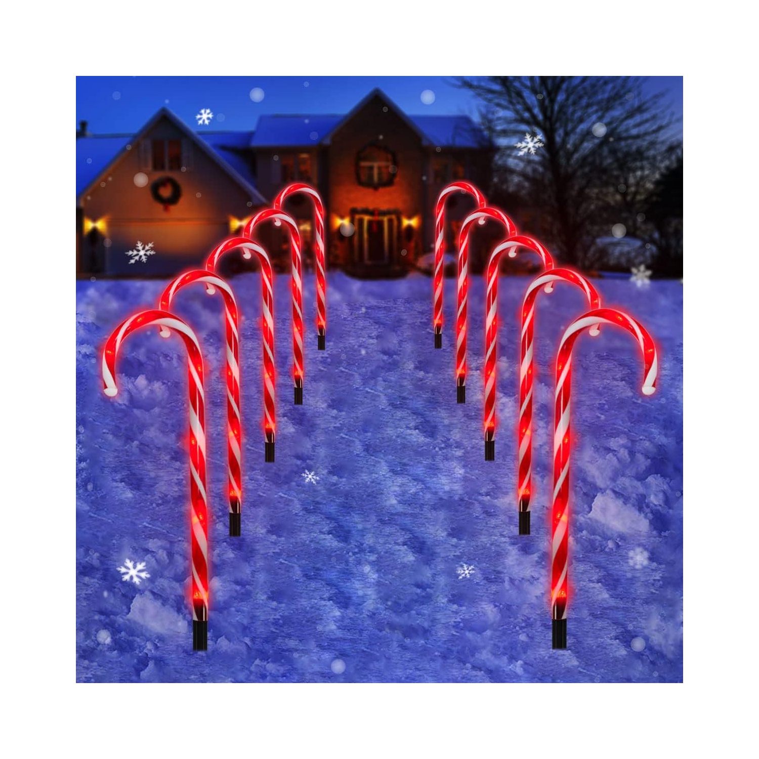 Candy Cane Outdoor Landscape Lights - 10 Pack 60 LEDs 21in Lighted Christmas Path Lights String with 8 Modes Memory Function