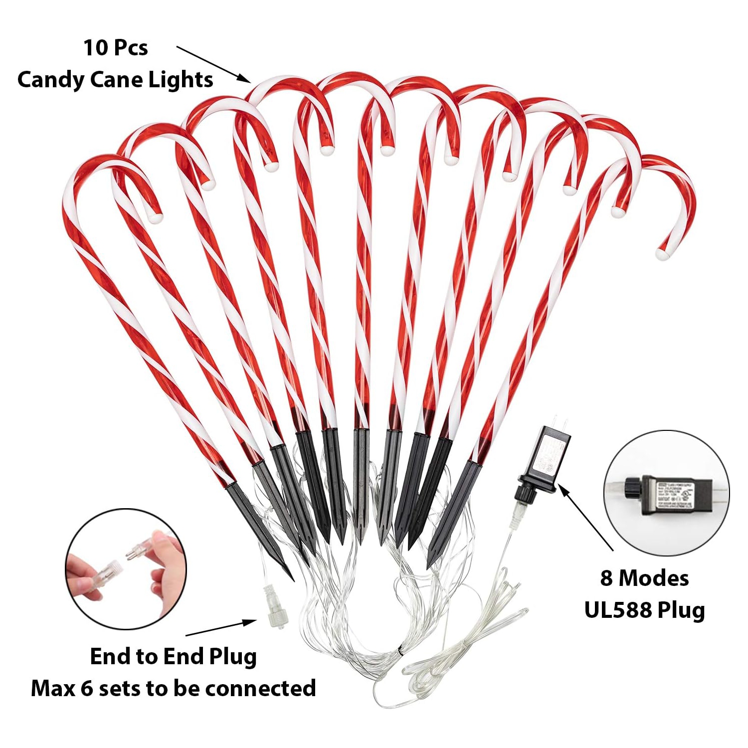 Candy Cane Outdoor Landscape Lights - 10 Pack 60 LEDs 21in Lighted Christmas Path Lights String with 8 Modes Memory Function