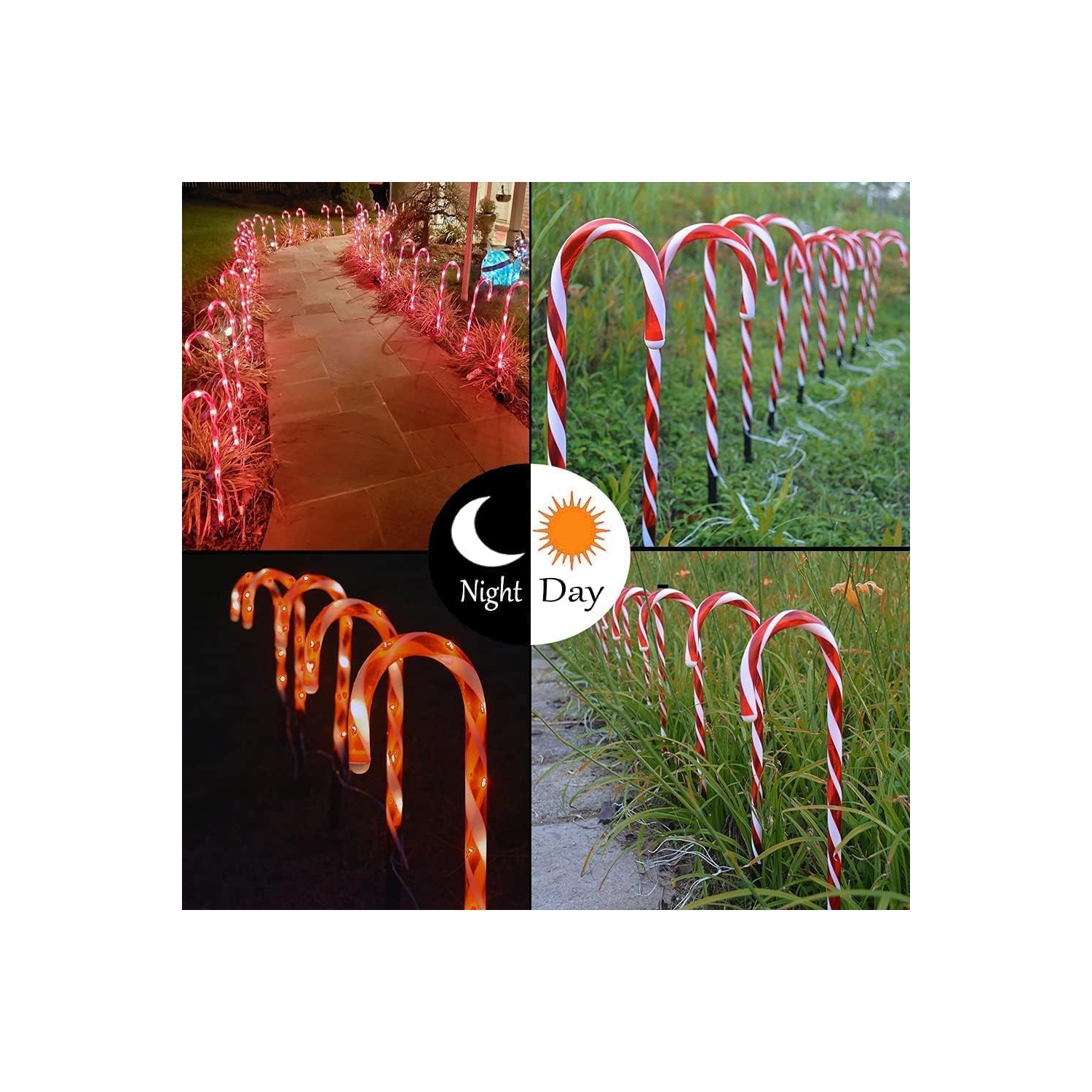 Candy Cane Outdoor Landscape Lights - 10 Pack 60 LEDs 21in Lighted Christmas Path Lights String with 8 Modes Memory Function