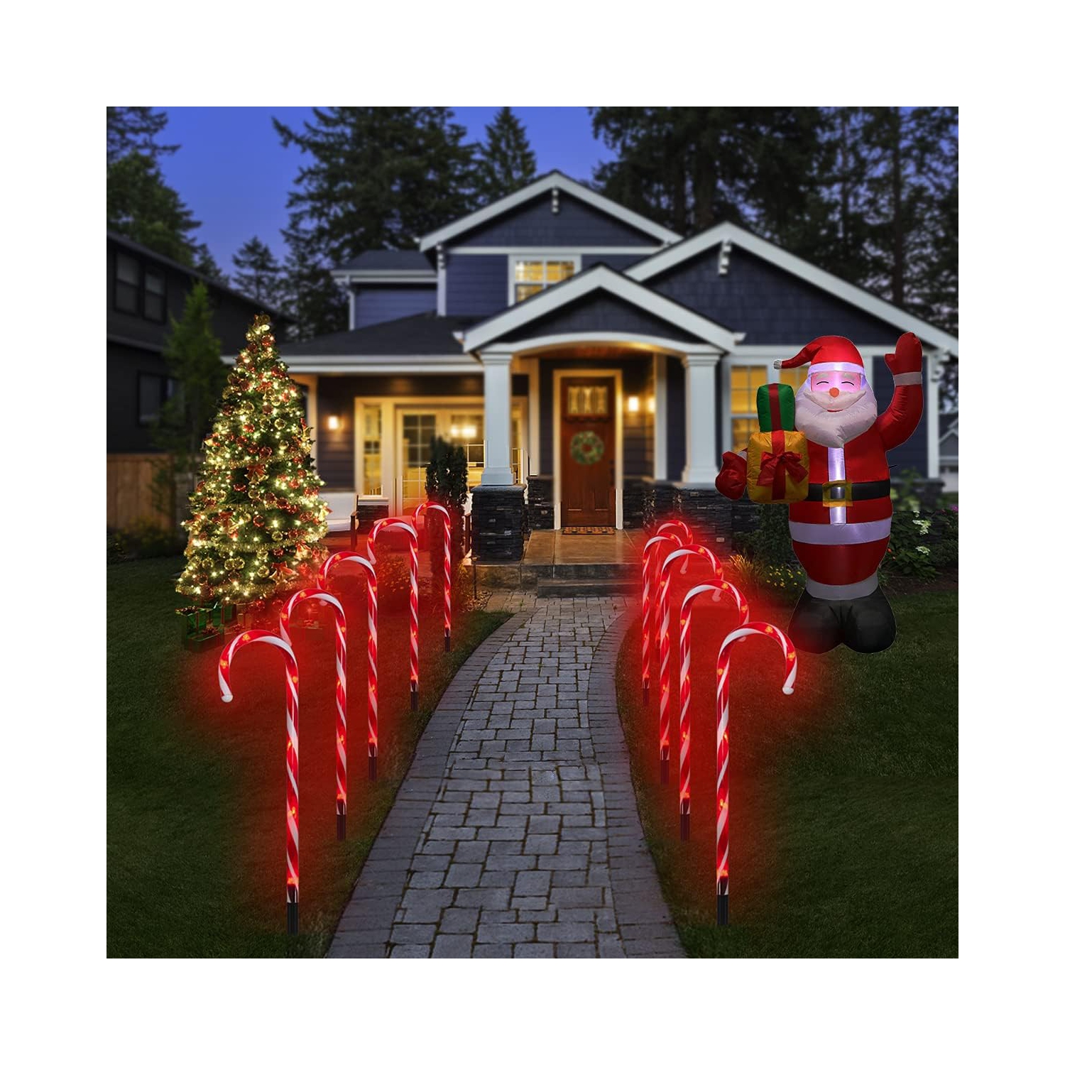 Candy Cane Outdoor Landscape Lights - 10 Pack 60 LEDs 21in Lighted Christmas Path Lights String with 8 Modes Memory Function