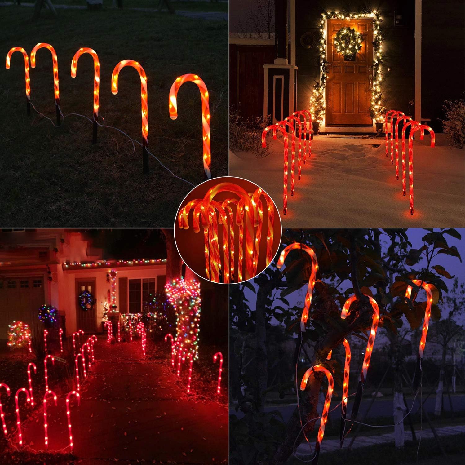 Candy Cane Outdoor Landscape Lights - 10 Pack 60 LEDs 21in Lighted Christmas Path Lights String with 8 Modes Memory Function