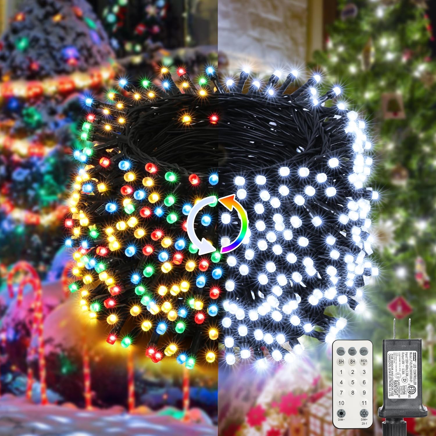Lumières de Noël, 98.4&nbsp;pi 300 LED Fées de Noël, lumières blanches transparentes et multicolores changeantes, télécommande 11 modes 30&nbsp;V