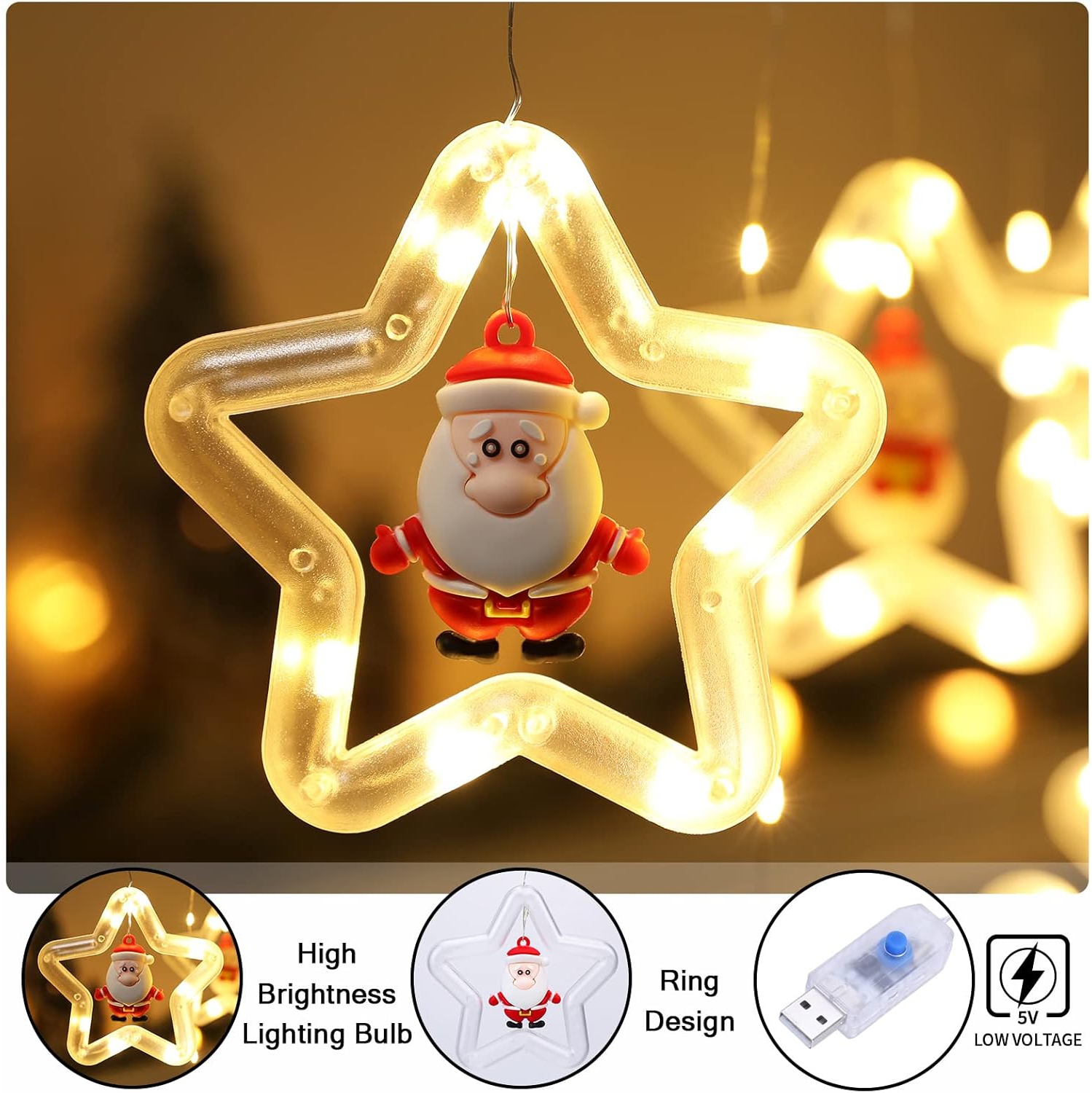 Rideau de Noël Lumière intérieure suspendue pour fenêtre 10 étoiles avec décorations de Noël - Télécommande USB 9.8&nbsp;pi Décorations de Noël pour