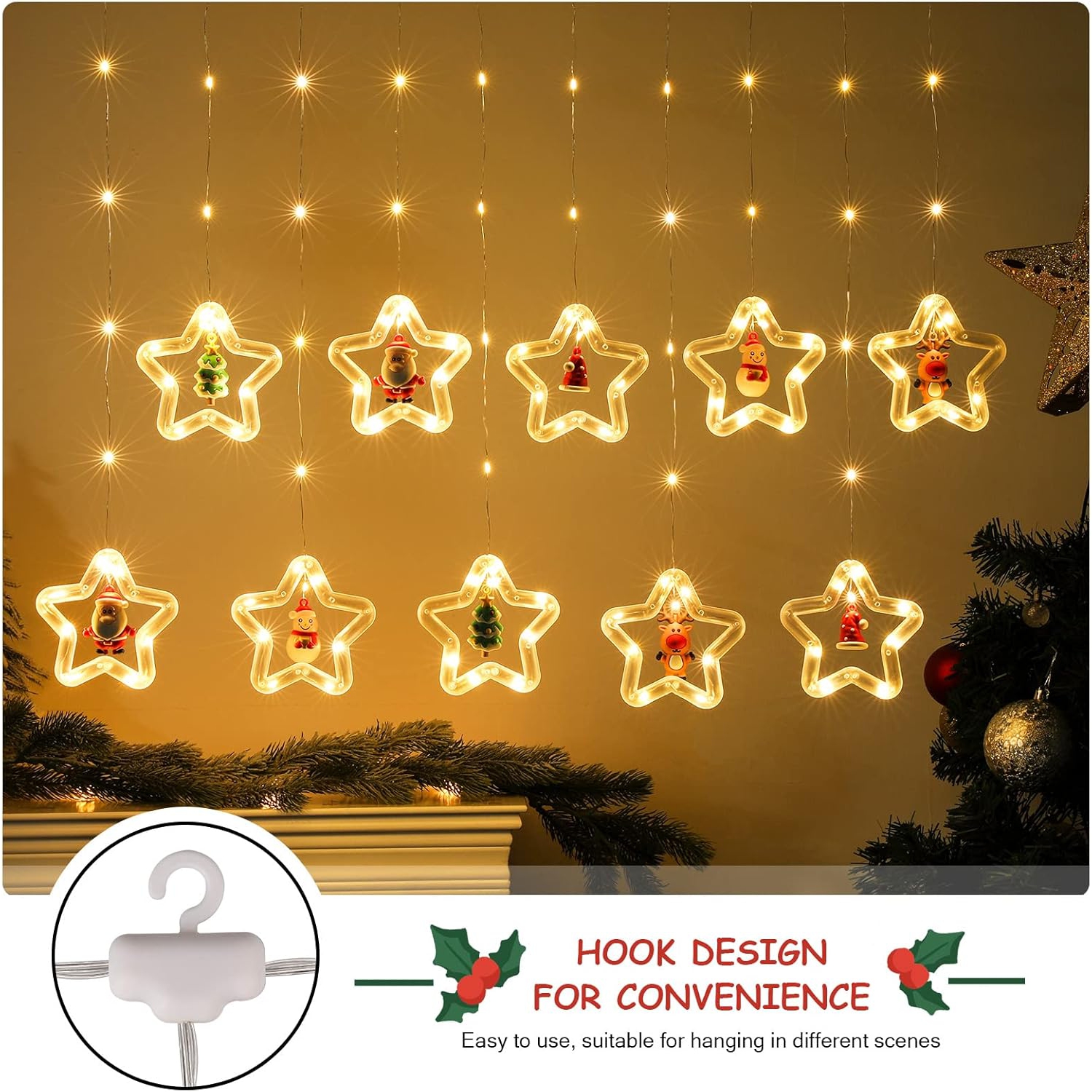 Rideau de Noël Lumière intérieure suspendue pour fenêtre 10 étoiles avec décorations de Noël - Télécommande USB 9.8&nbsp;pi Décorations de Noël pour