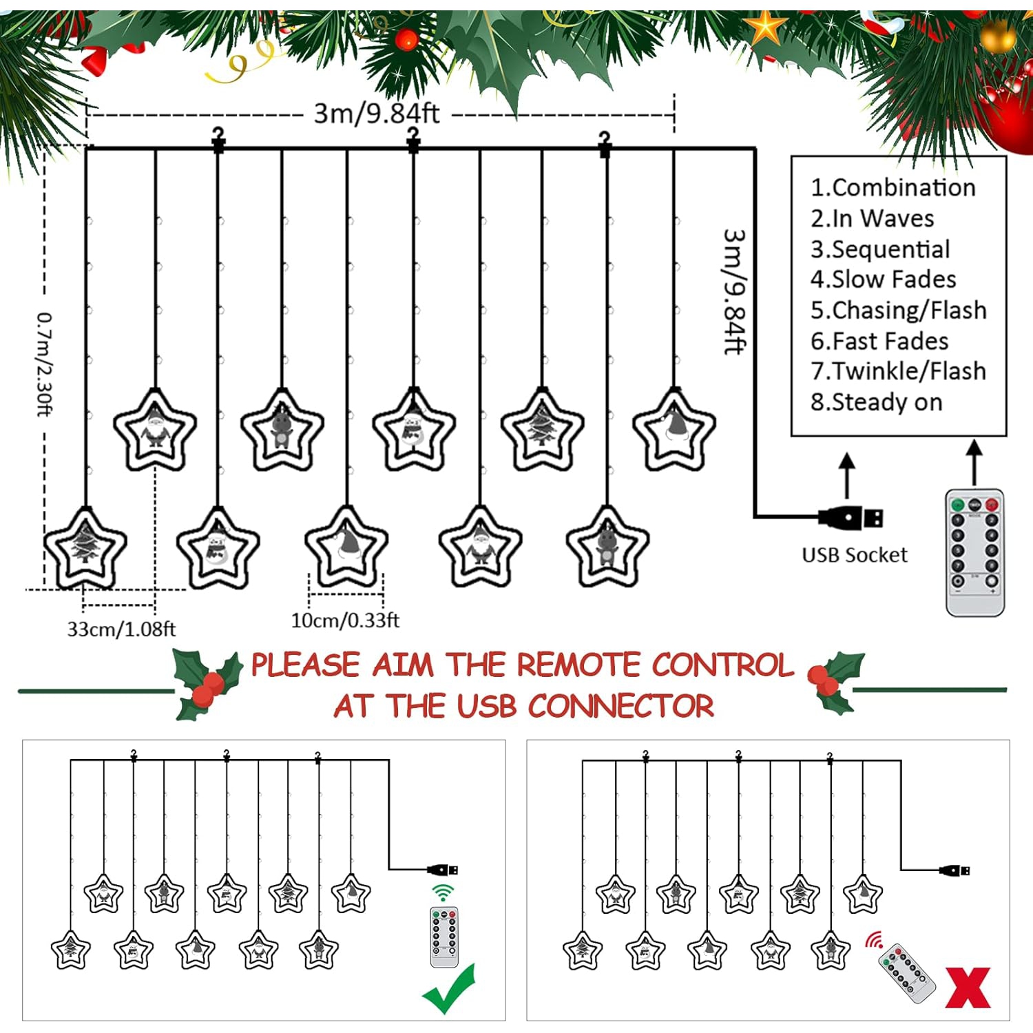 Rideau de Noël Lumière intérieure suspendue pour fenêtre 10 étoiles avec décorations de Noël - Télécommande USB 9.8&nbsp;pi Décorations de Noël pour