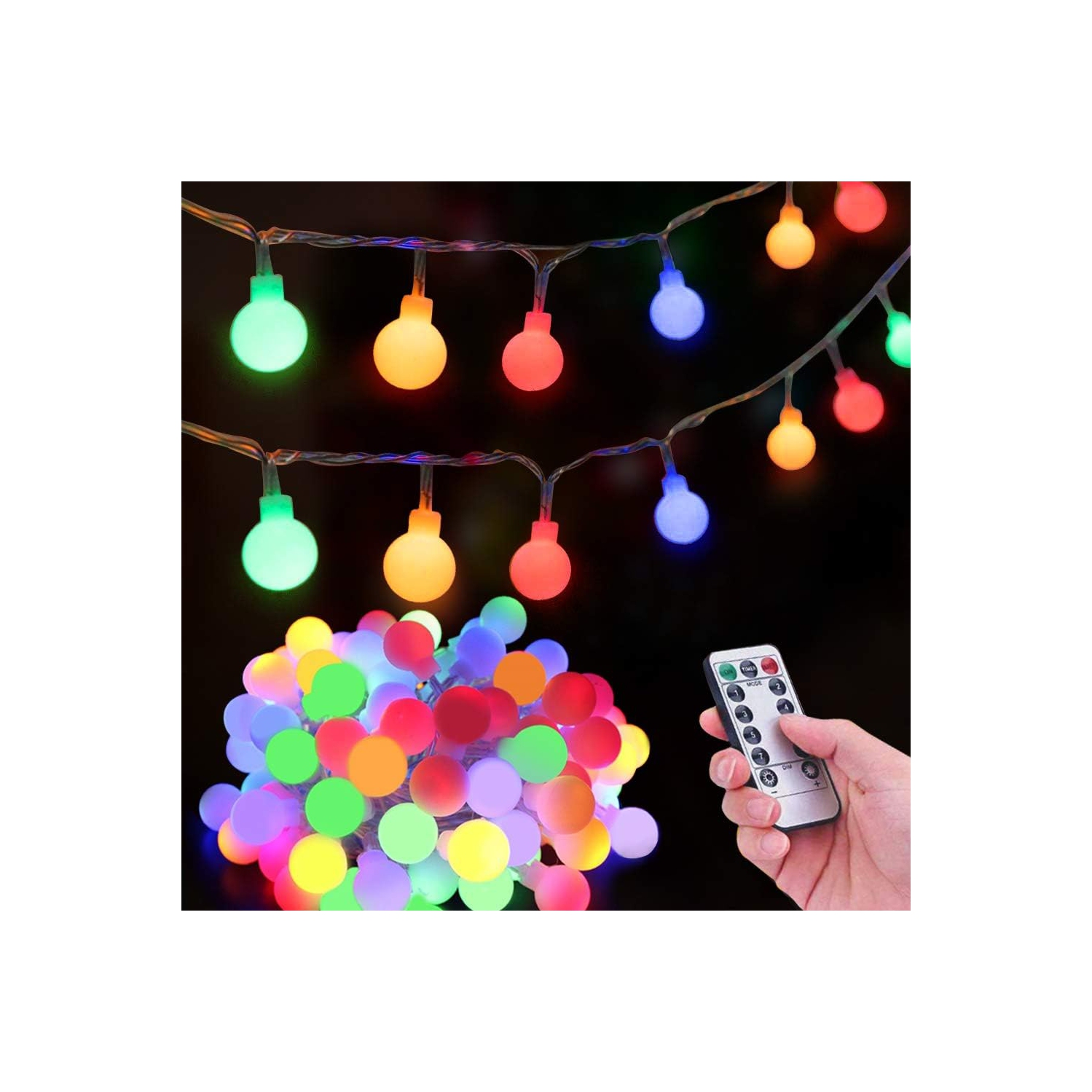 Guirlande de lumières Globe Fairy alimentée par pile 49 pi/15&nbsp;M 100 unités LED 8 modes étanche avec télécommande et minuterie