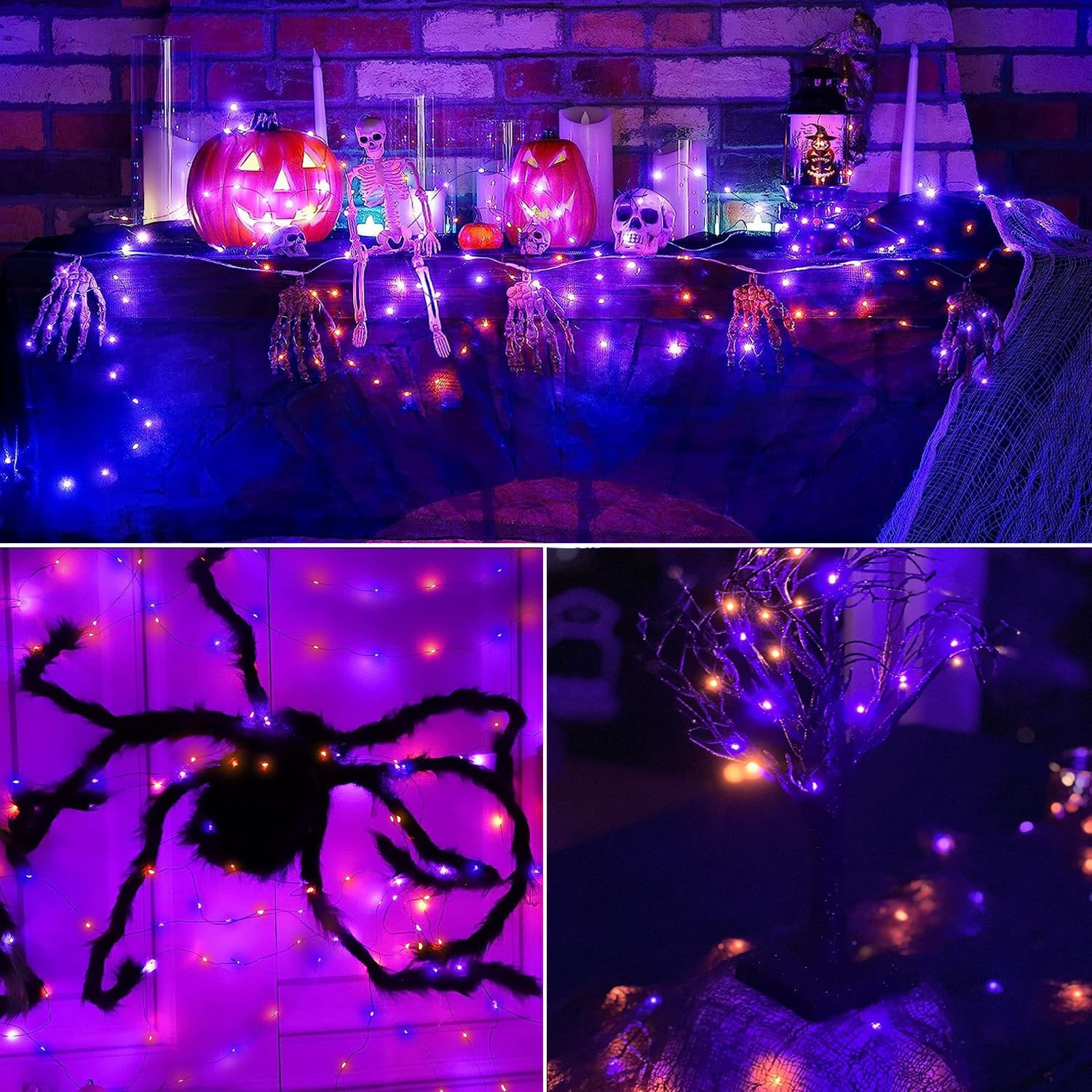 Orange Purple Halloween Lights, 2 Pack 55ft 150 LED Solar Halloween Lights, 8 Modes Waterproof Black Copper Wire Lights