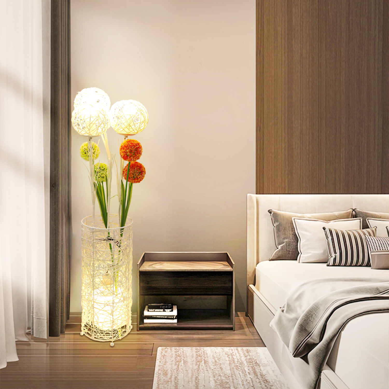 Modern LED Standing Floor Lamp Night Light Decorative Rattan Hand-Woven Lantern Reading Light for Bedroom Living Room