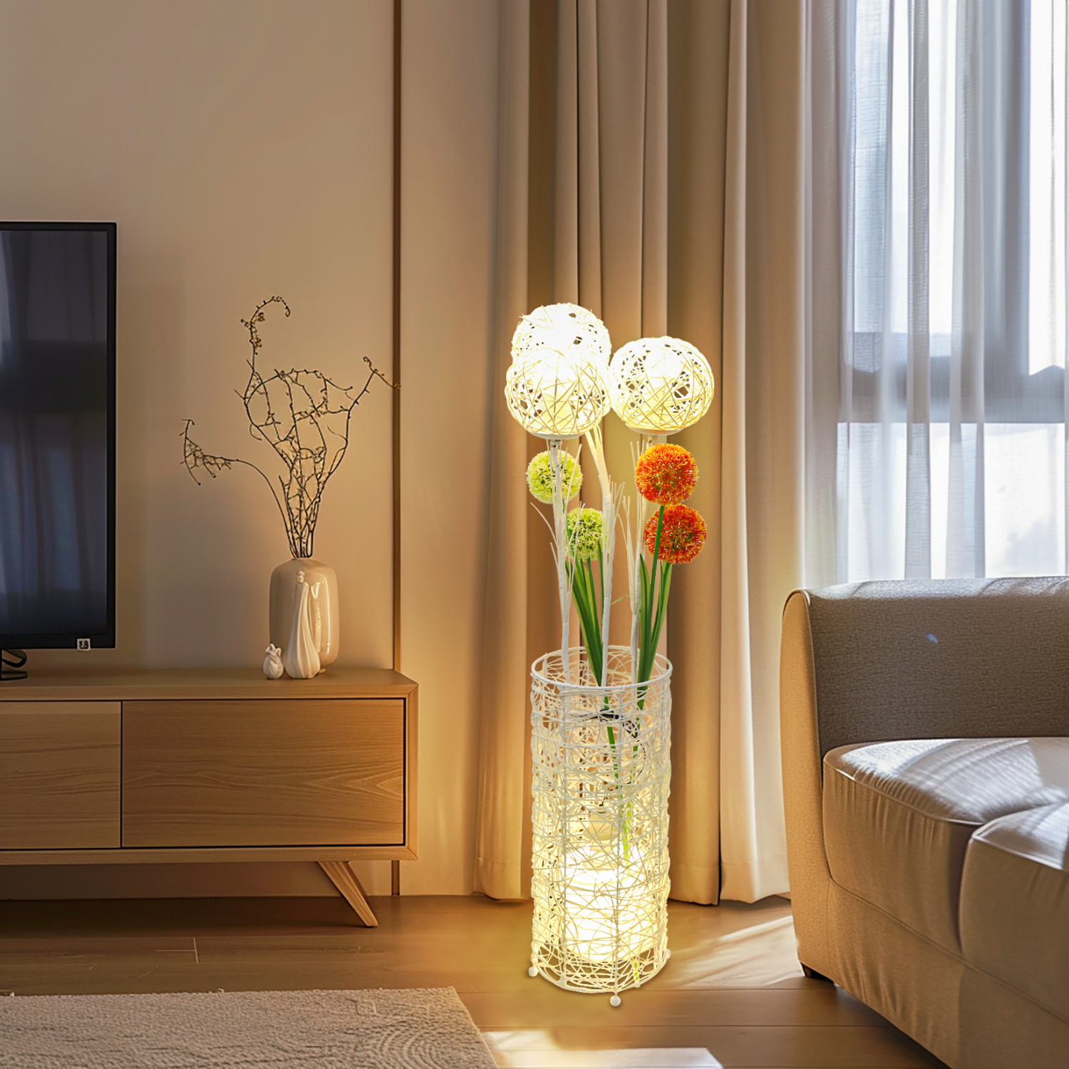 Modern LED Standing Floor Lamp Night Light Decorative Rattan Hand-Woven Lantern Reading Light for Bedroom Living Room
