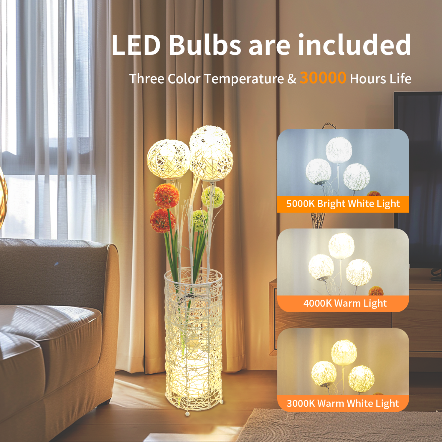 Modern LED Standing Floor Lamp Night Light Decorative Rattan Hand-Woven Lantern Reading Light for Bedroom Living Room