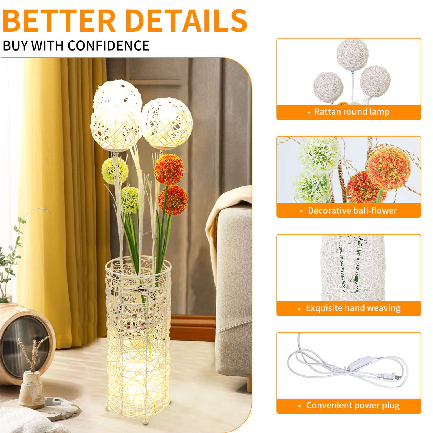 Modern LED Standing Floor Lamp Night Light Decorative Rattan Hand-Woven Lantern Reading Light for Bedroom Living Room