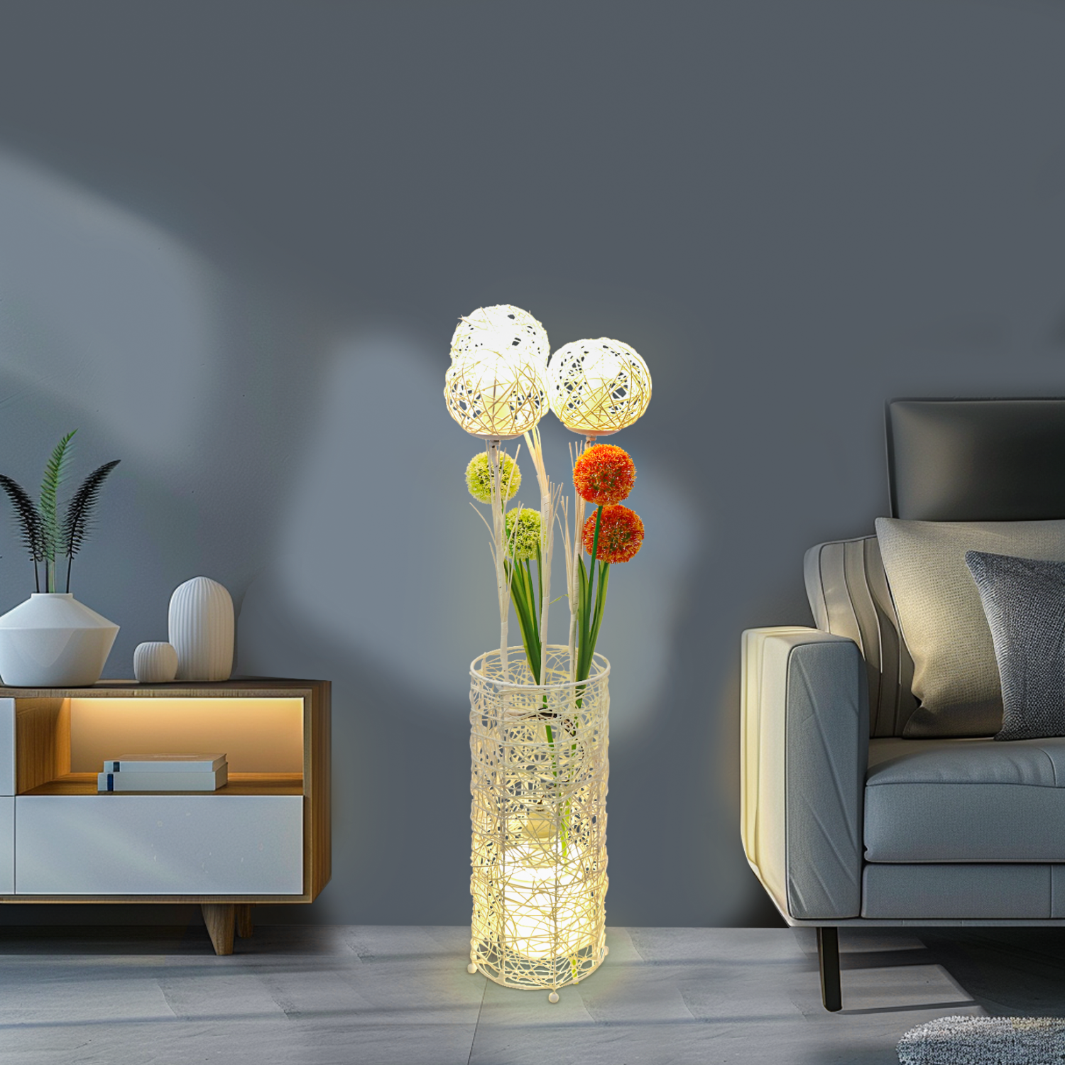 Modern LED Standing Floor Lamp Night Light Decorative Rattan Hand-Woven Lantern Reading Light for Bedroom Living Room