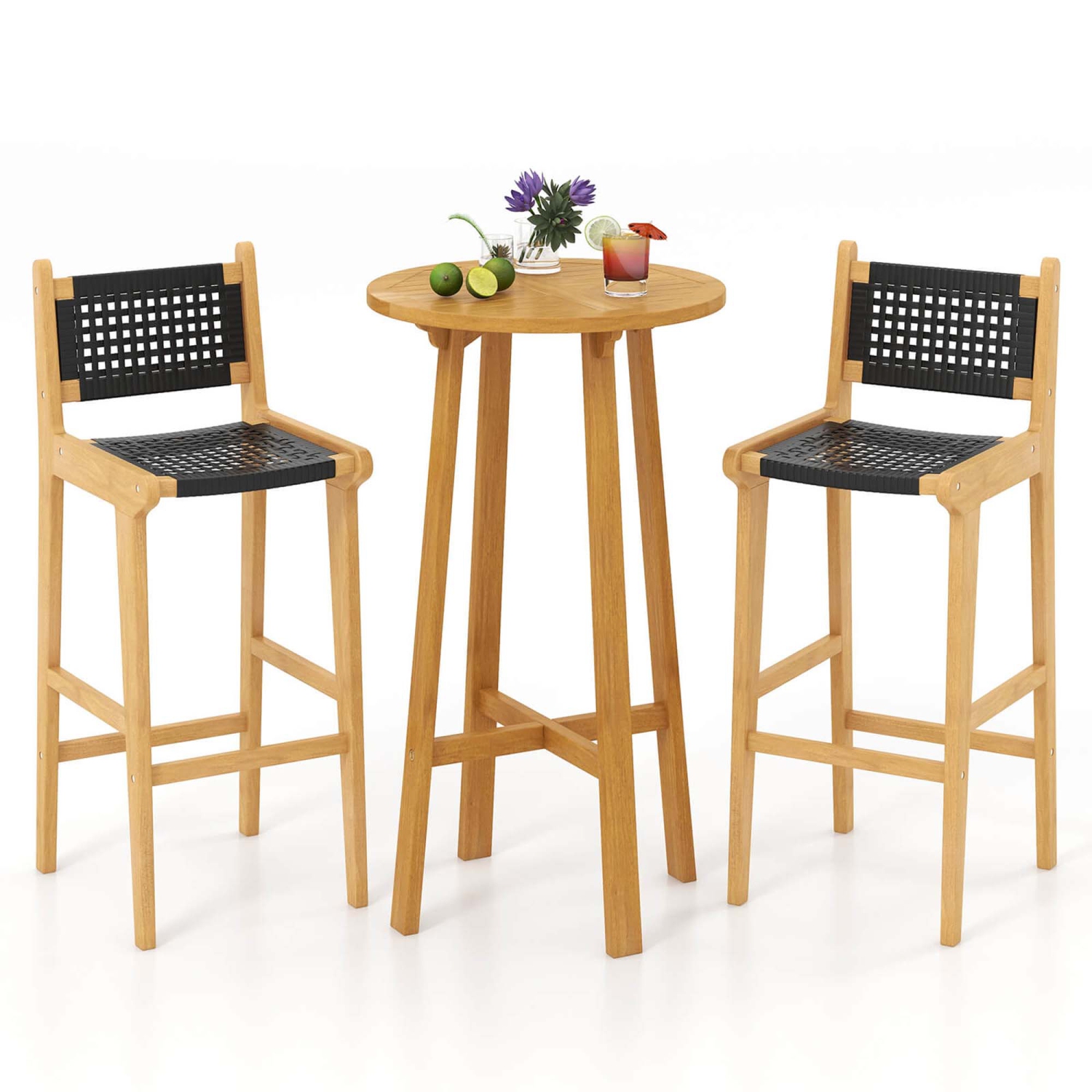 Costway 3 PCS Patio Bar Set Round Cocktail Table with 2 Armless Rattan Bar Stools