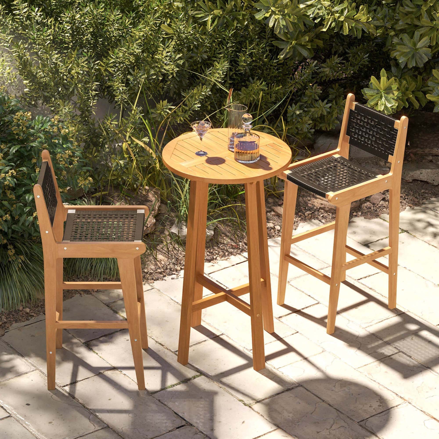 Costway 3 PCS Patio Bar Set Round Cocktail Table with 2 Armless Rattan Bar Stools