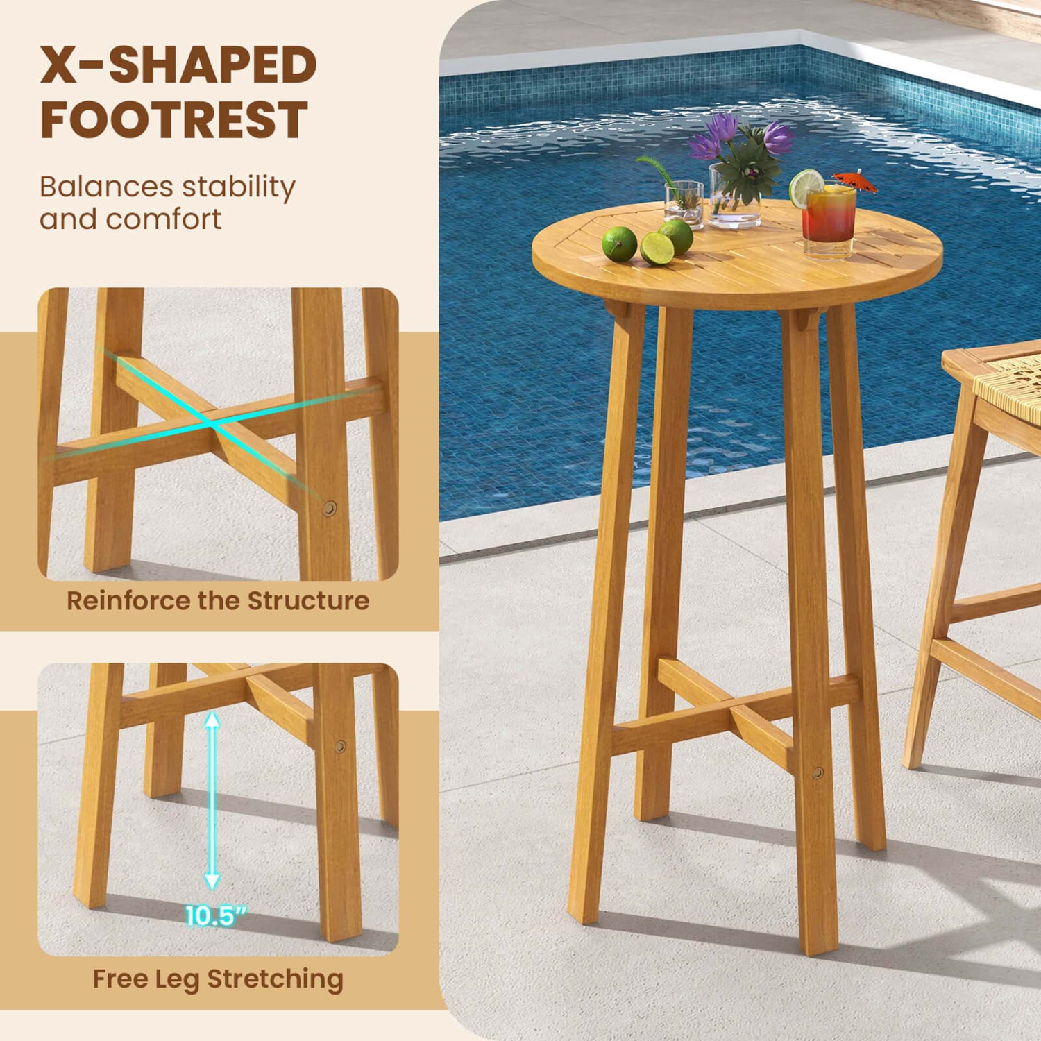 Costway 3 PCS Patio Bar Set Round Cocktail Table with 2 Armless Rattan Bar Stools