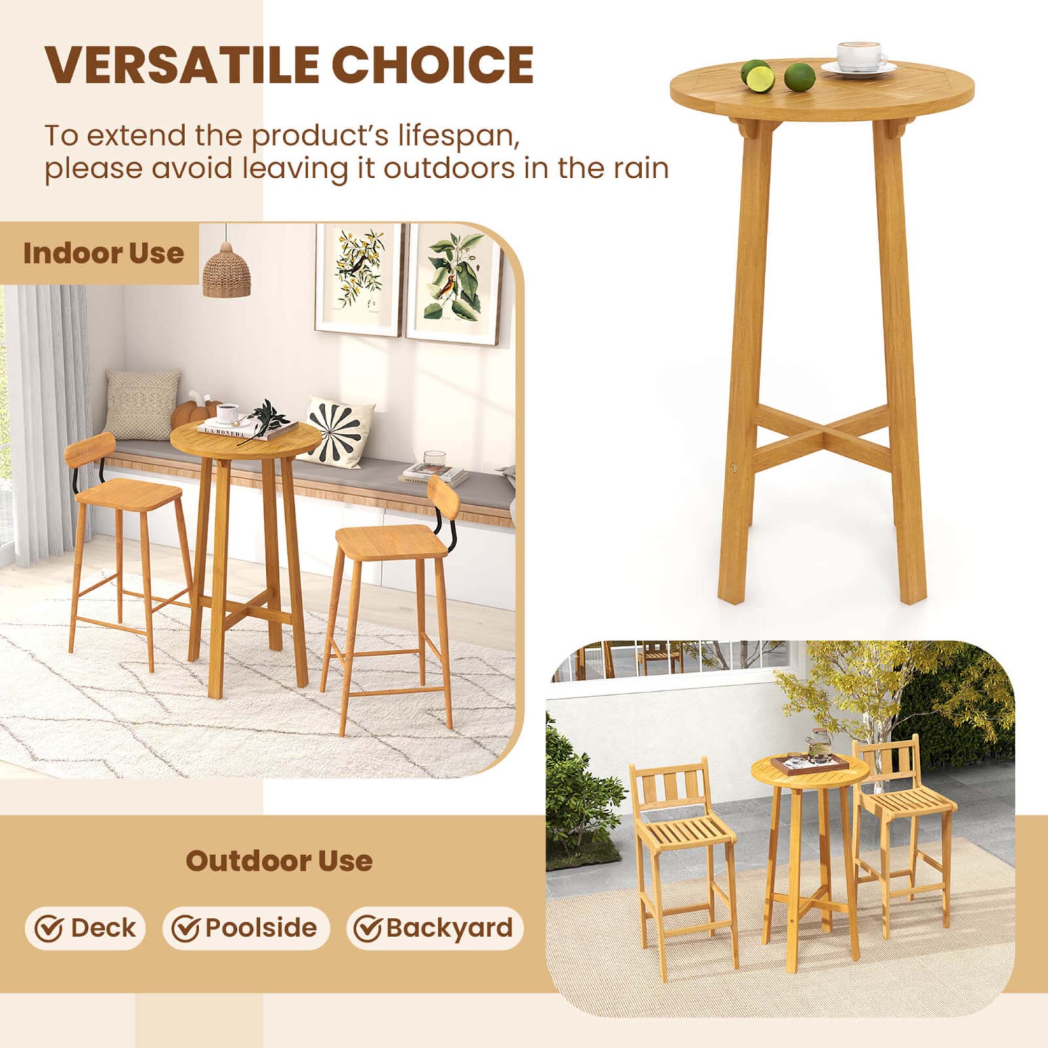 Costway 3 PCS Patio Bar Set Round Cocktail Table with 2 Armless Rattan Bar Stools