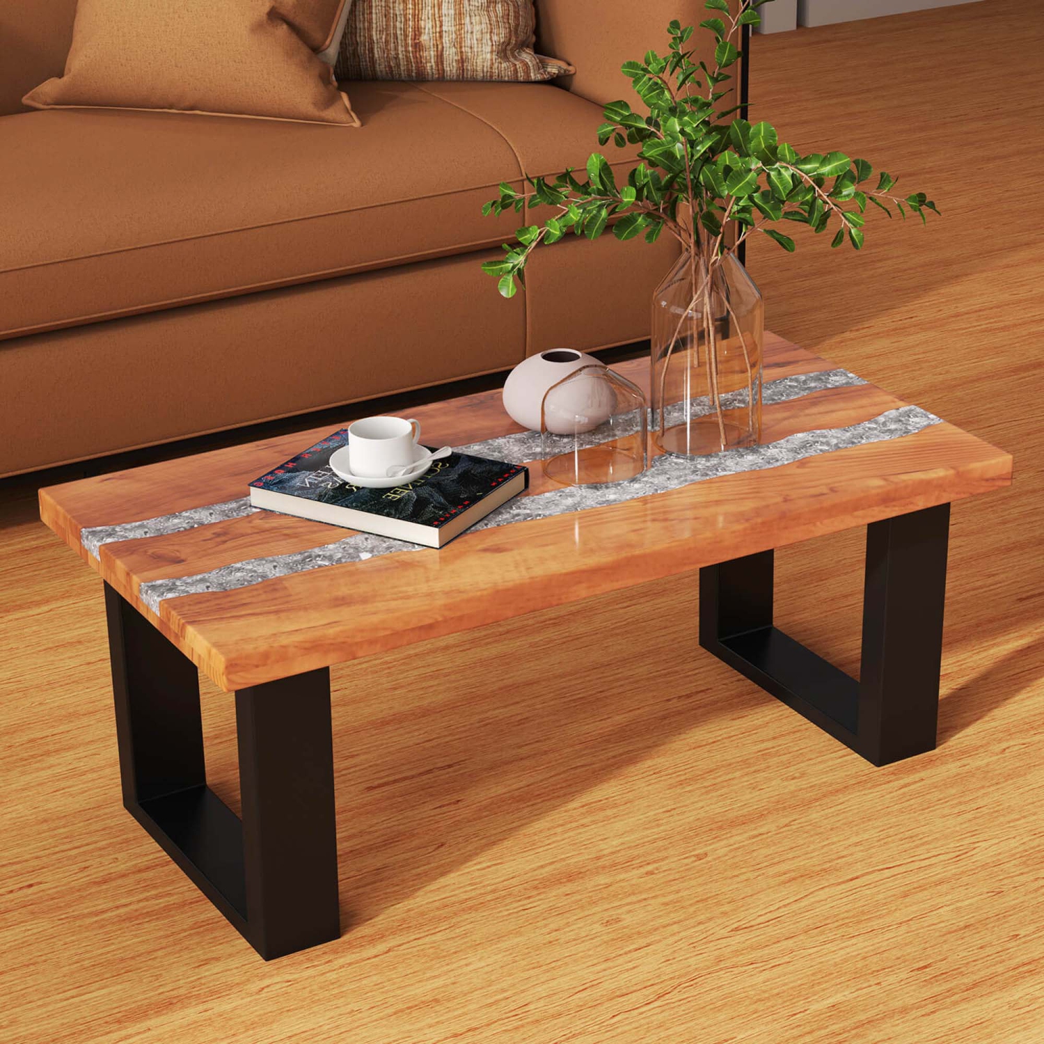 Costway Teak Wood Patio Table with River Feel Epoxy Tabletop Indoor Outdoor Side Table