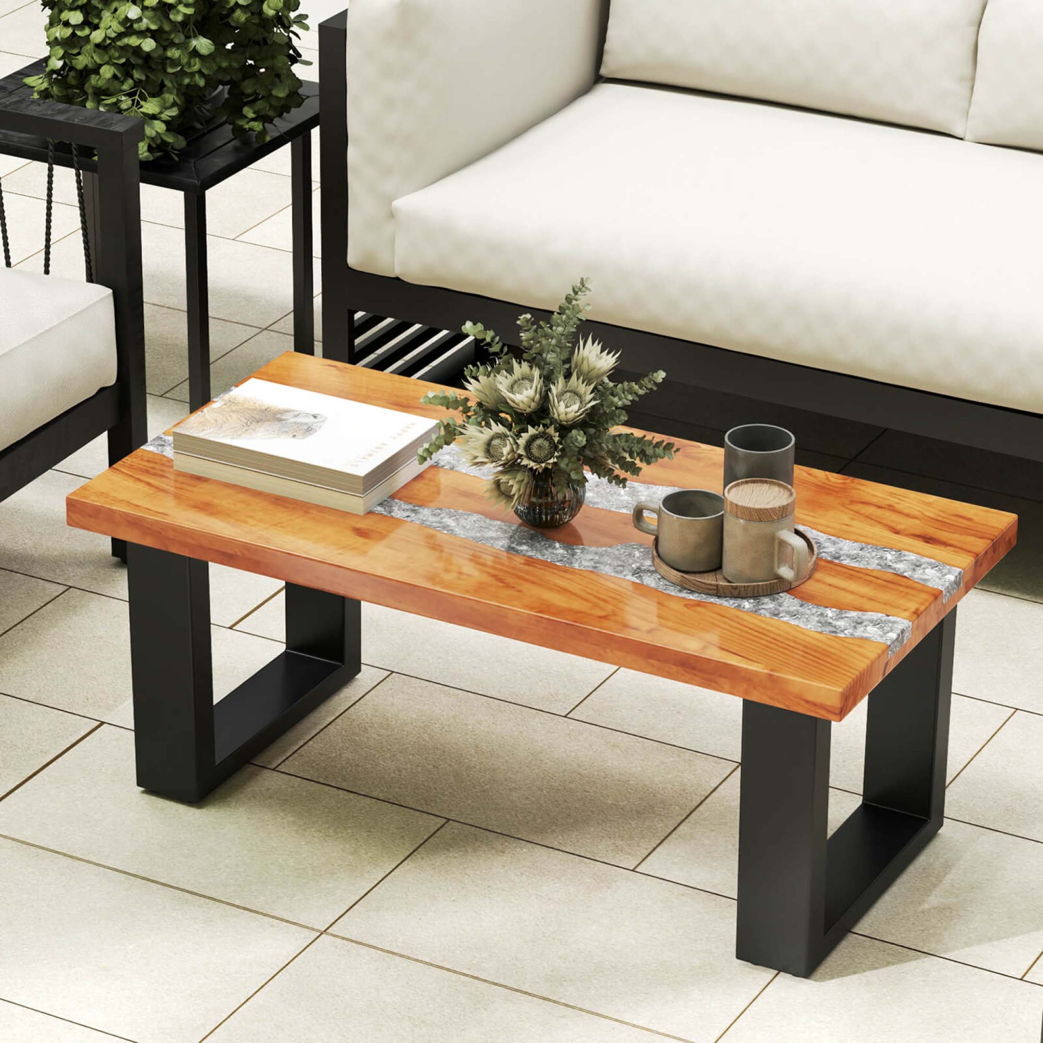 Costway Teak Wood Patio Table with River Feel Epoxy Tabletop Indoor Outdoor Side Table