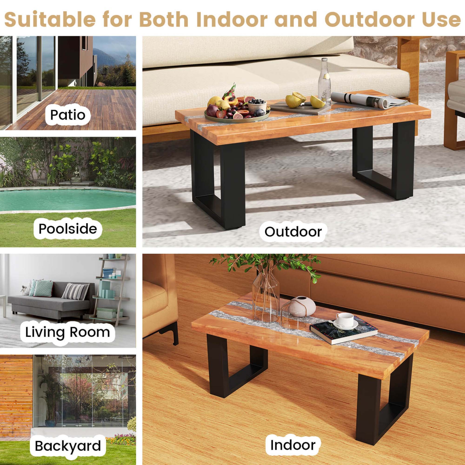 Costway Teak Wood Patio Table with River Feel Epoxy Tabletop Indoor Outdoor Side Table