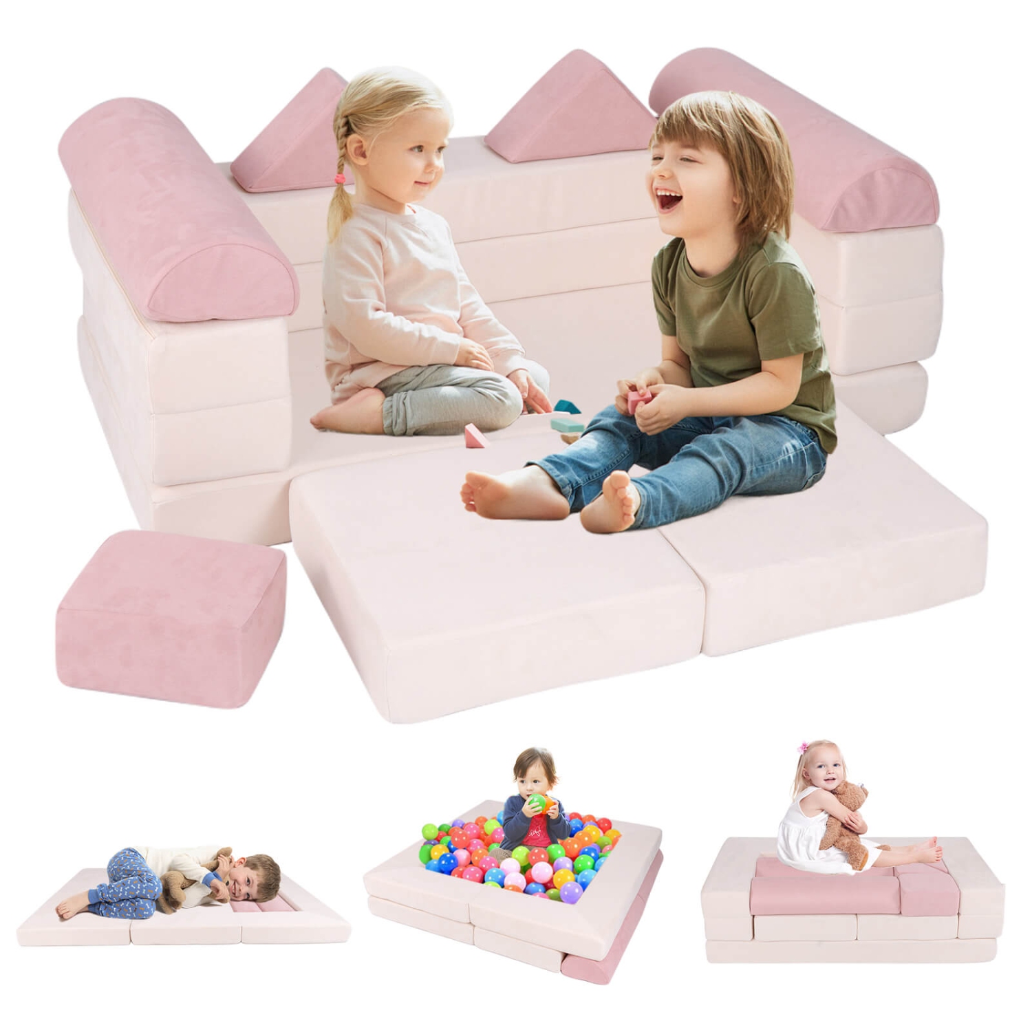 Costway Kids Modular Play Couch Play Set with Suede Fabric Cover High-Density Foam