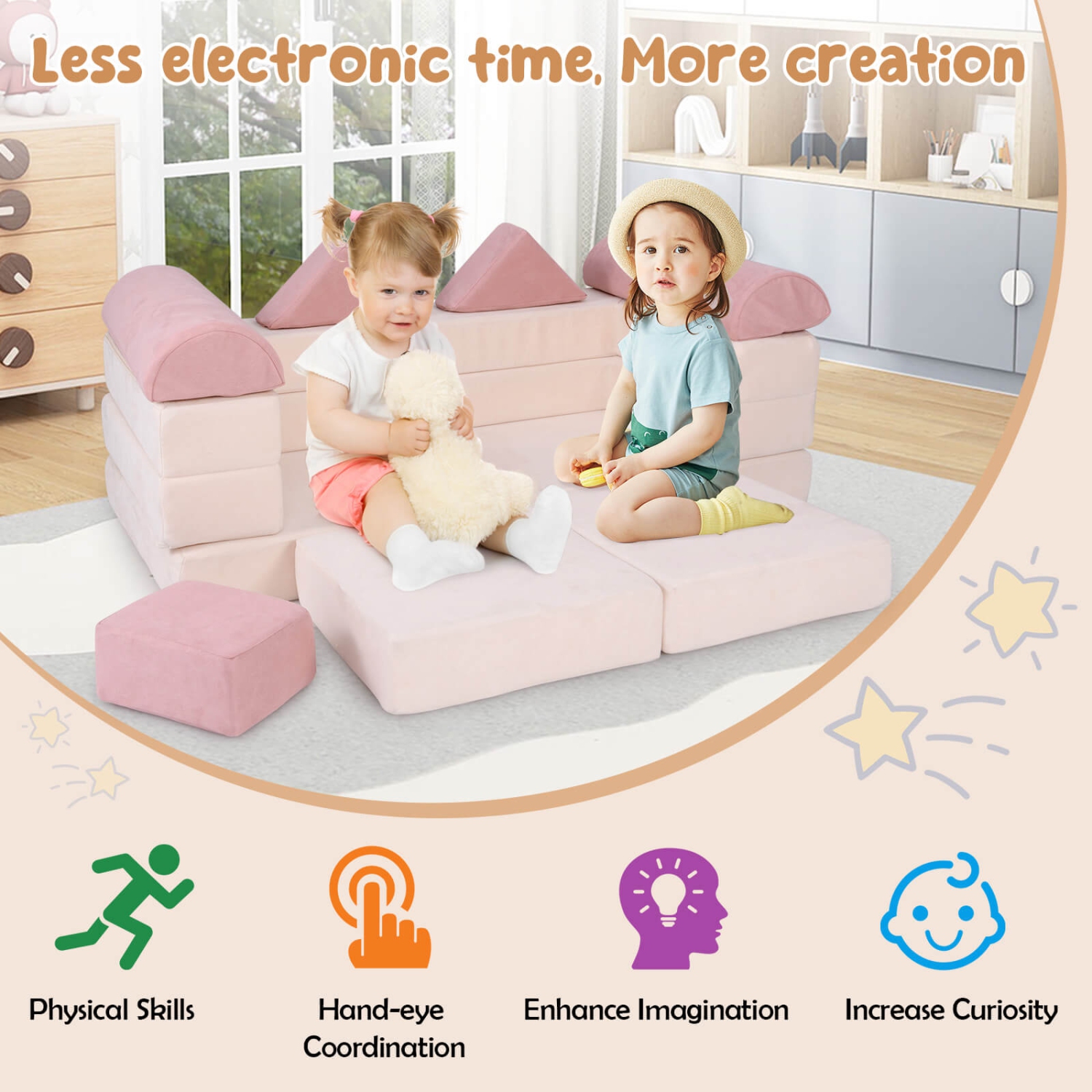Costway Kids Modular Play Couch Play Set with Suede Fabric Cover High-Density Foam