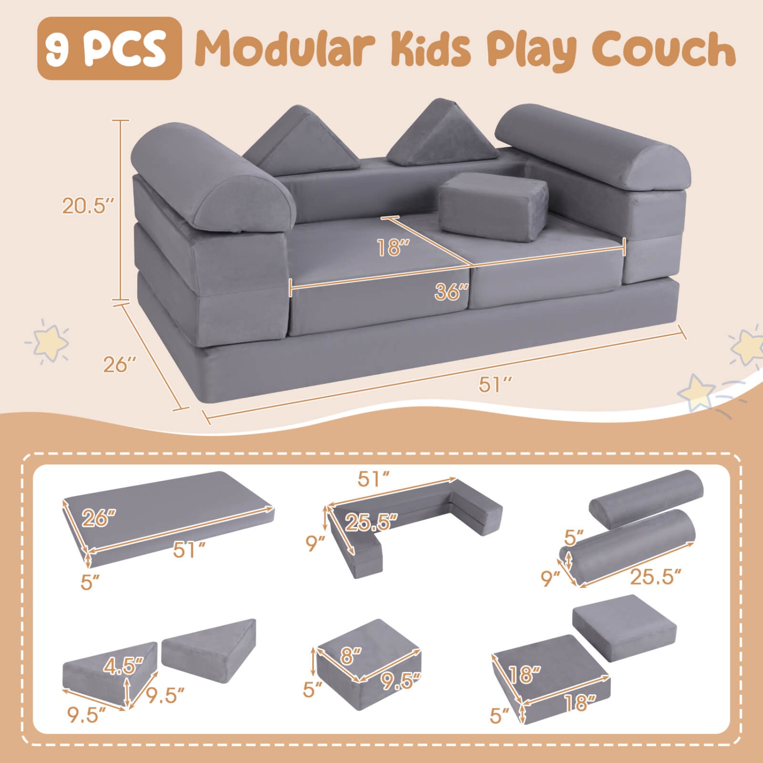 Costway Kids Modular Play Couch Play Set with Suede Fabric Cover High-Density Foam