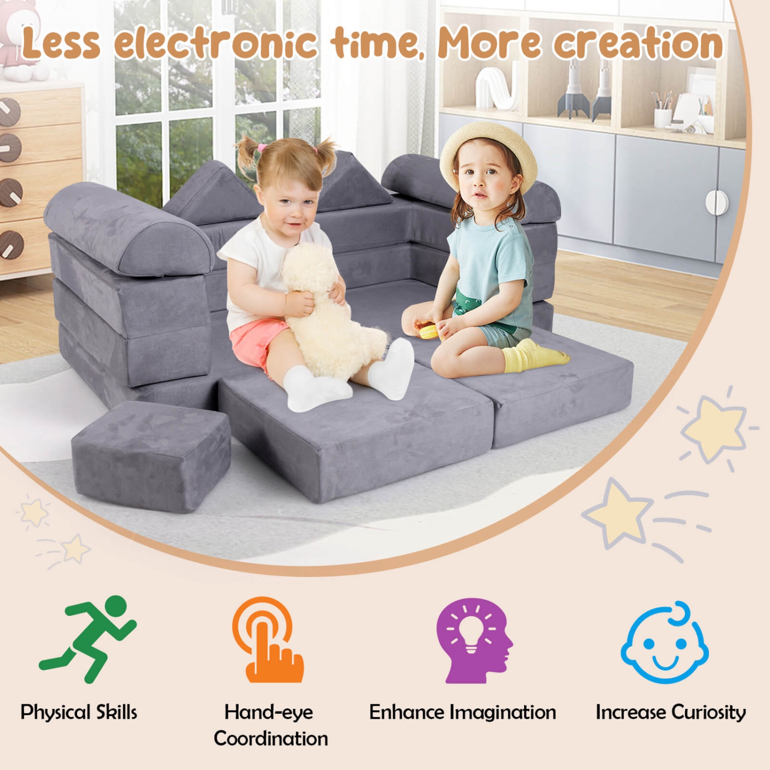 Costway Kids Modular Play Couch Play Set with Suede Fabric Cover High-Density Foam